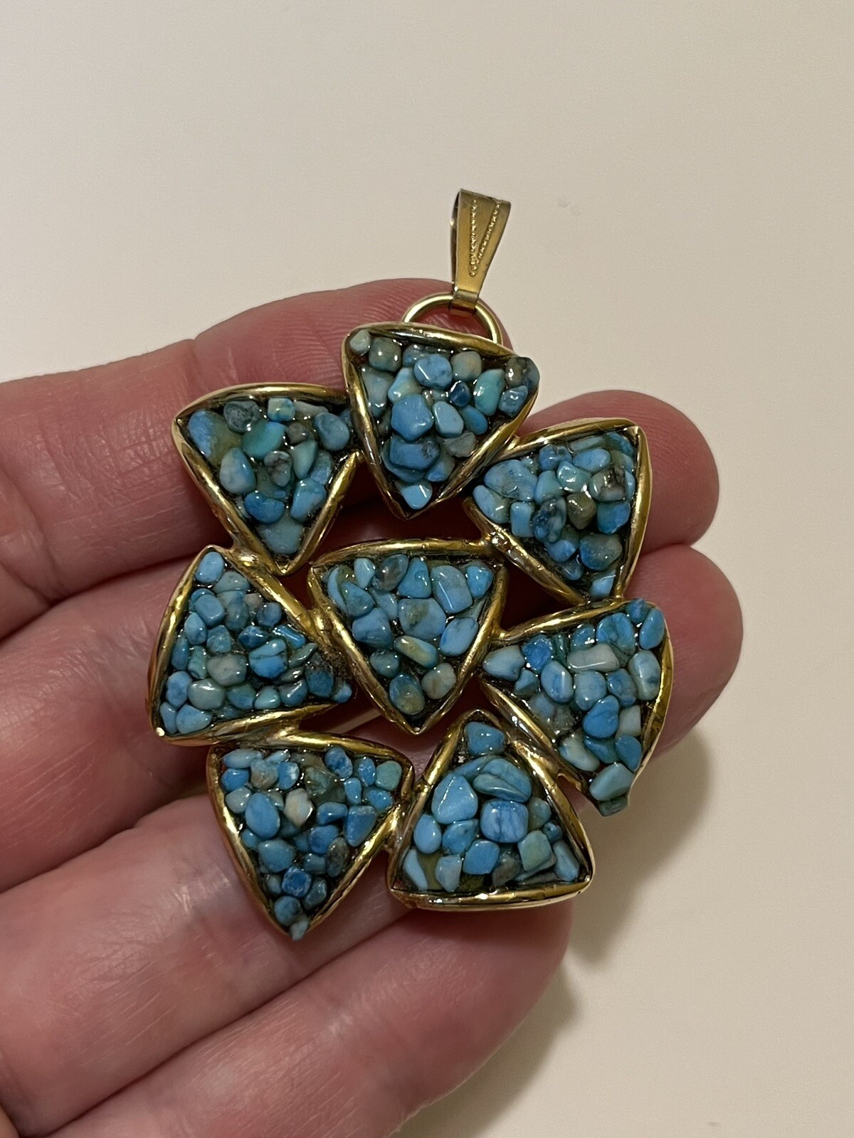 Turquoise Pendant Piece Textured Small Stones 8 Triangular Shapes Gold No Chain