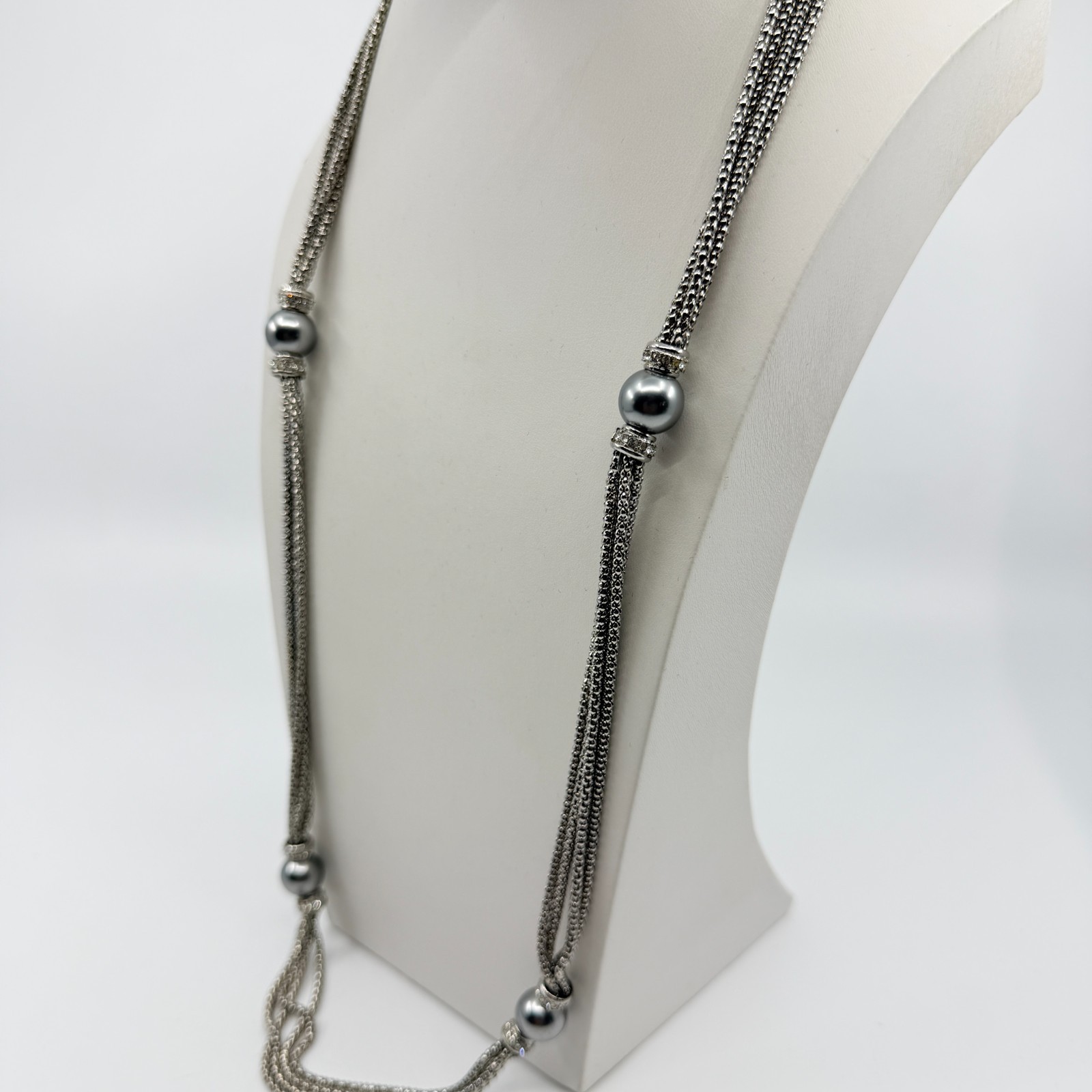 VTG Silver Tone Multi Strand Popcorn Chain Necklace Round Ball Bead Rhinestone