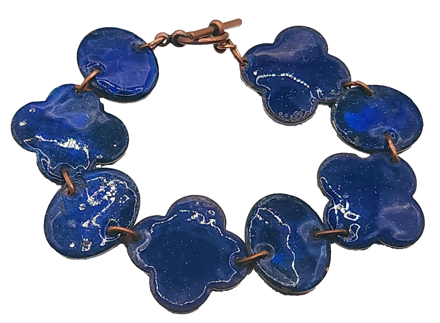 Vintage Solid Copper South Western Blue Enamel Wide Link Bracelet 7.5″