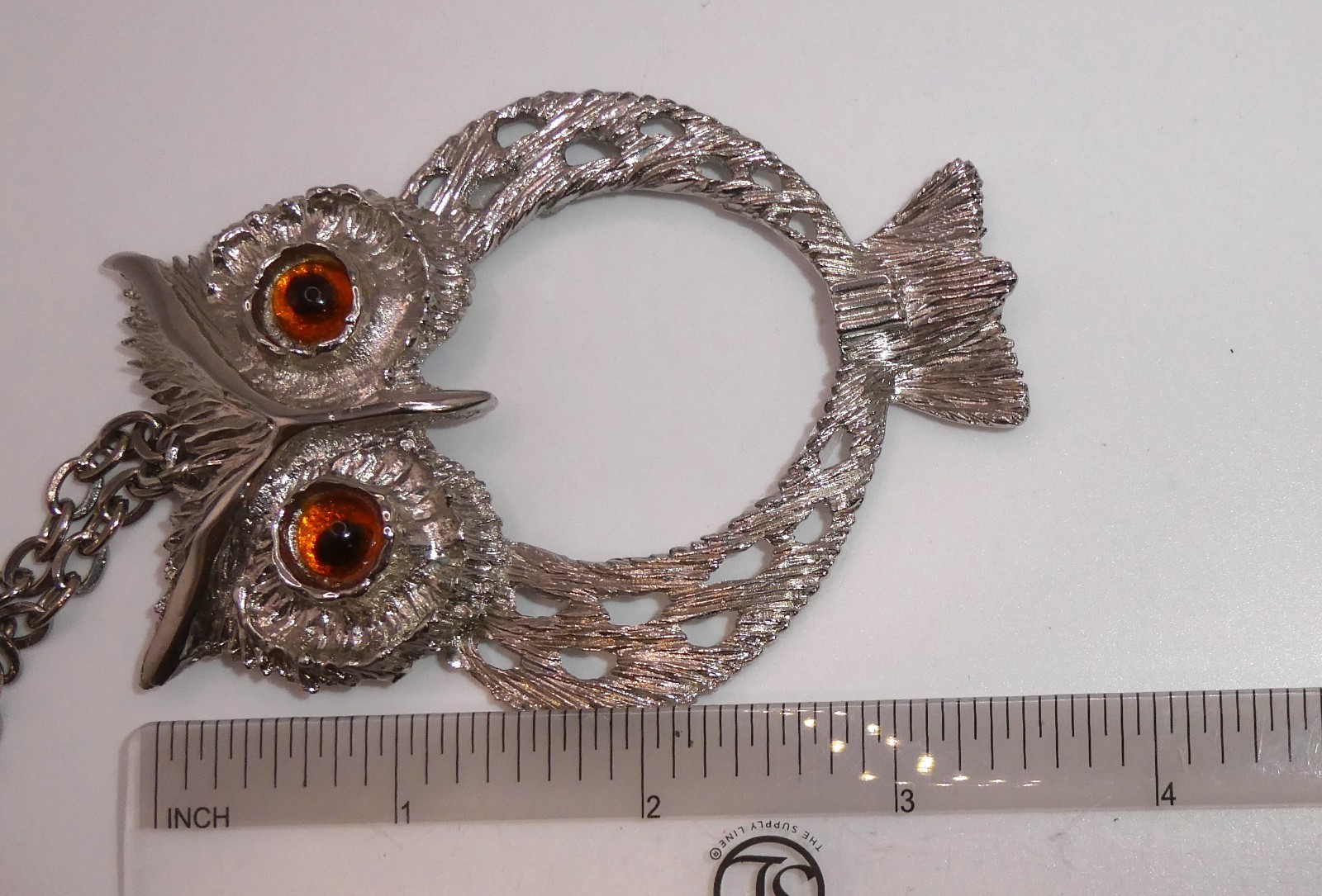 Vintage Huge Owl Pendant Chain Necklace Retro 70s Statement Jewelry Amber Eyes