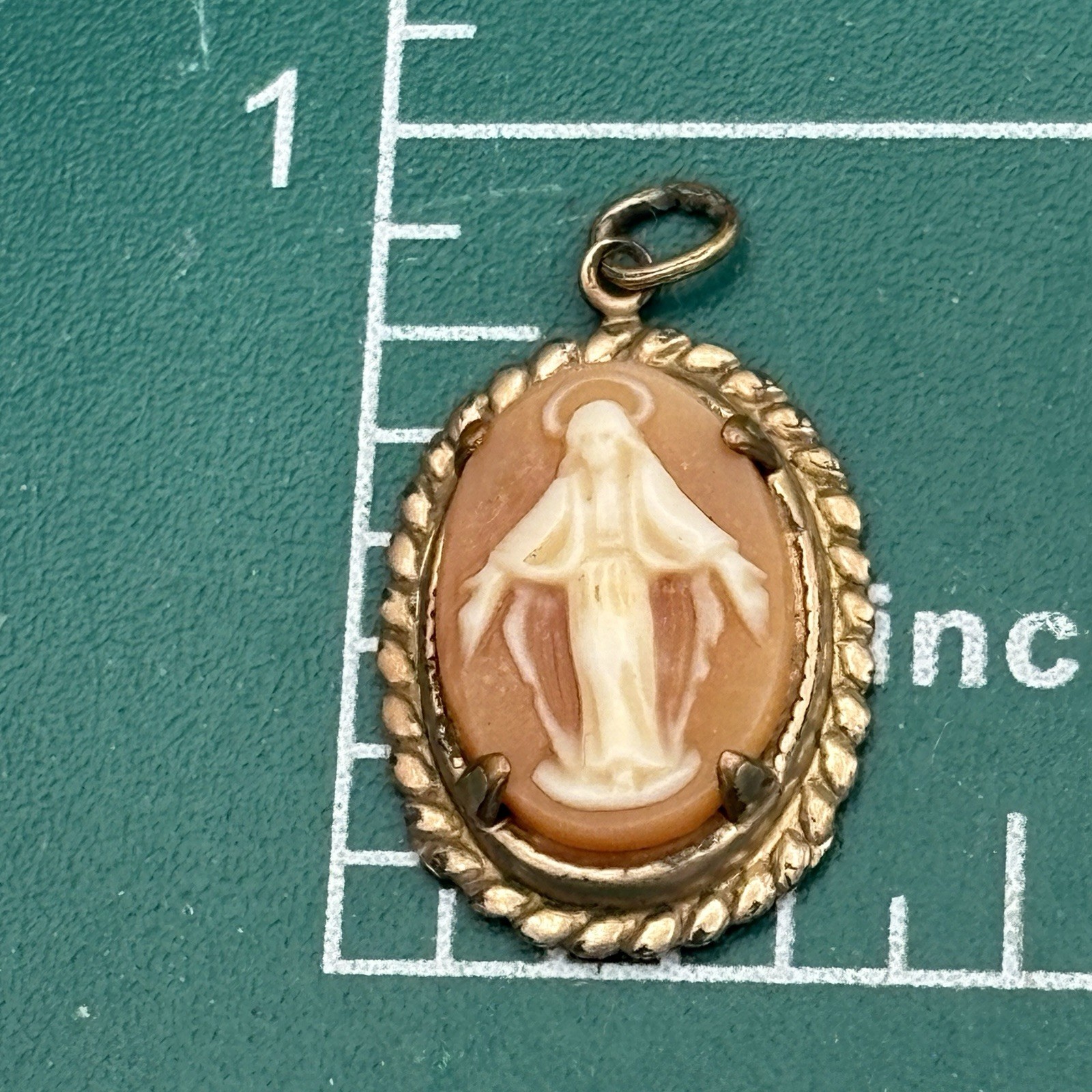Vintage Miraculous Medal Virgin Mary Pendant Carved Shell Cameo 12K Gold Filled