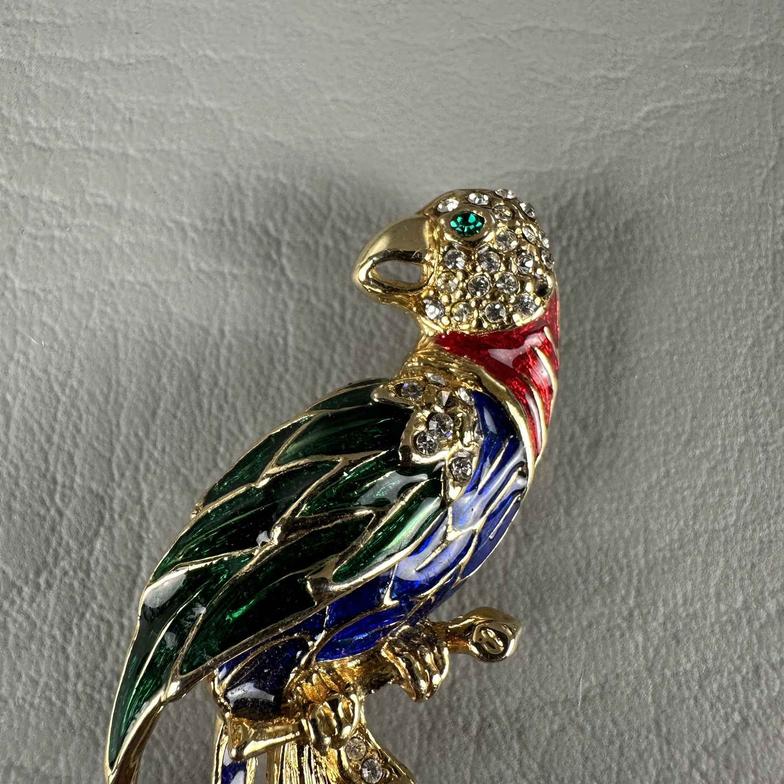 Vintage Parrot Bird Brooch Rhinestone Enamel Gold Tone Tropical Figural Pin
