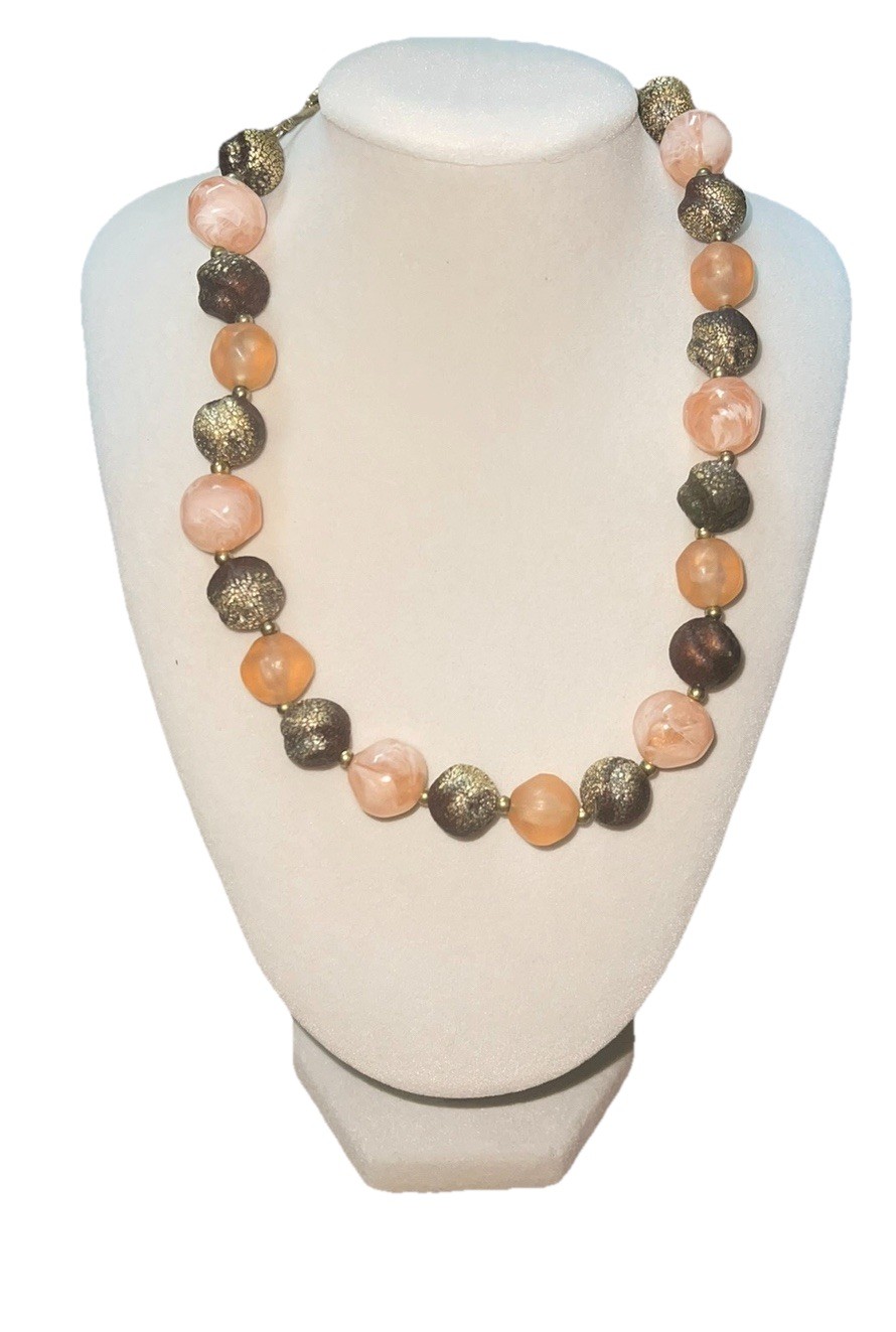 Vintage Lisner Signed Beaded Necklace Pink & Brown Swirl Resin Gold Tone 16” MCM