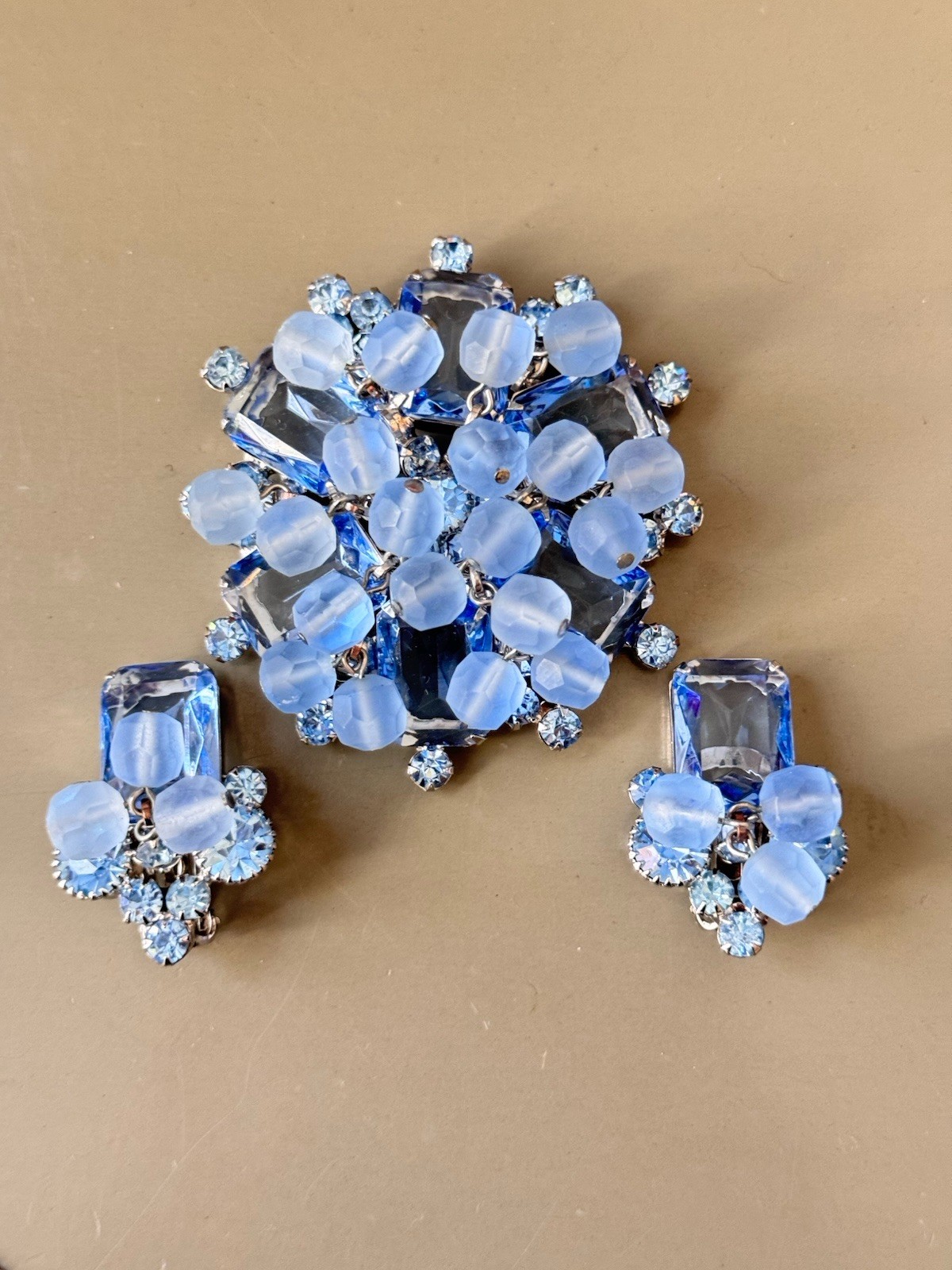 Vintage Verified JULIANA Bracelets, Brooch & Earring Set, Blue Octagon & Beads