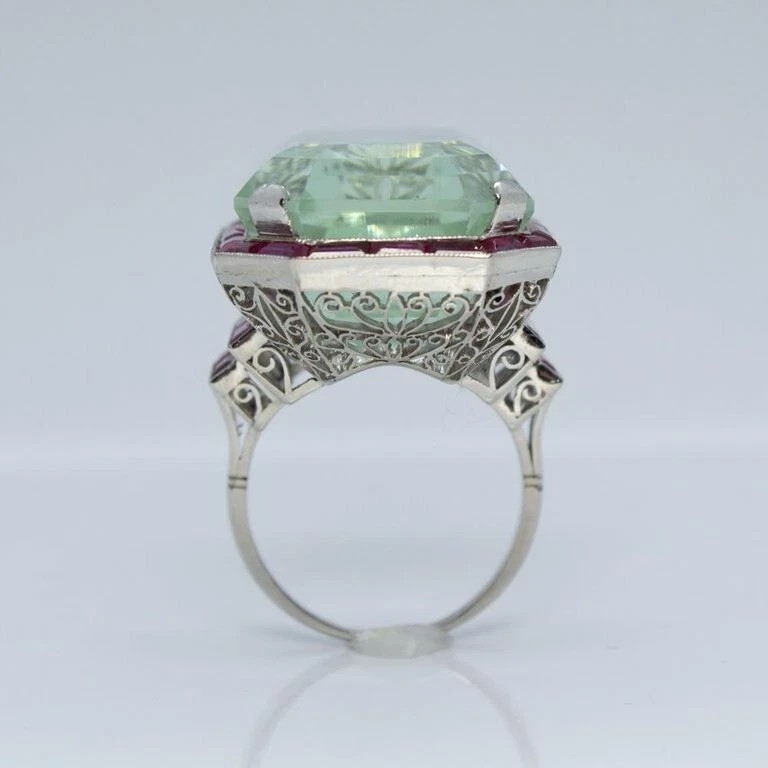 7Ct Art Deco Vintage Style Aquamarine & Ruby Anniversary 14K White Gold FN Ring