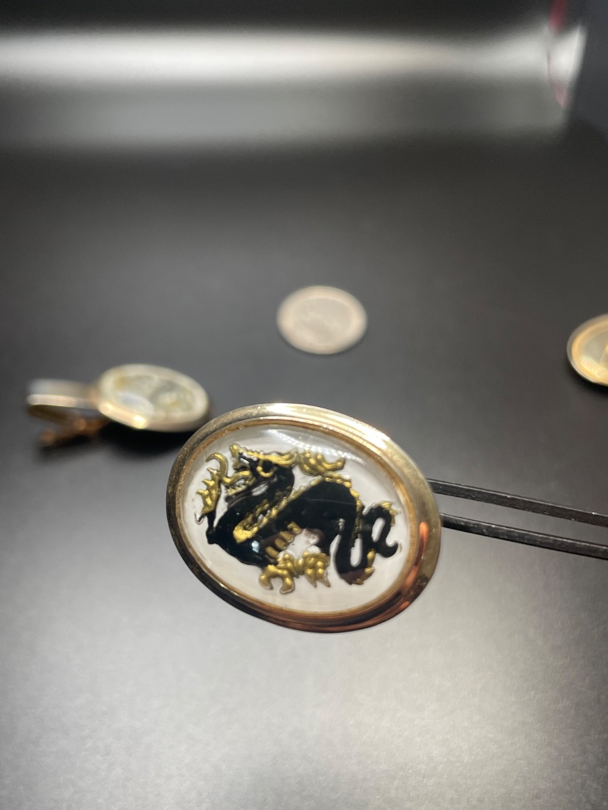 Vintage Dragon Cufflinks Tie Clip Set Reverse Painted Mid Century Intaglio