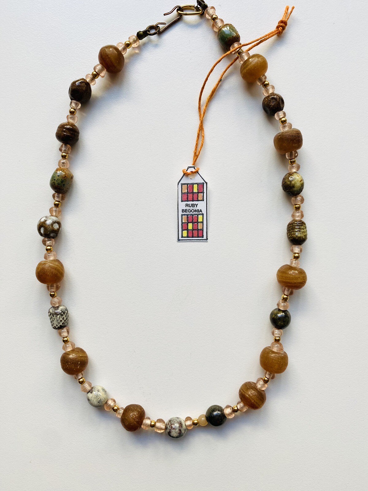 Porcelain, Agate and Glass Bead Necklace