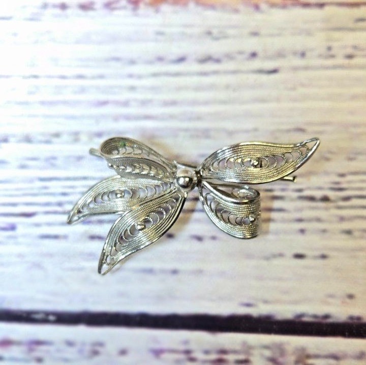 Antique Western Germany1940’s Silver Tone Filigree Bow Pin Brooch Jewelry signed