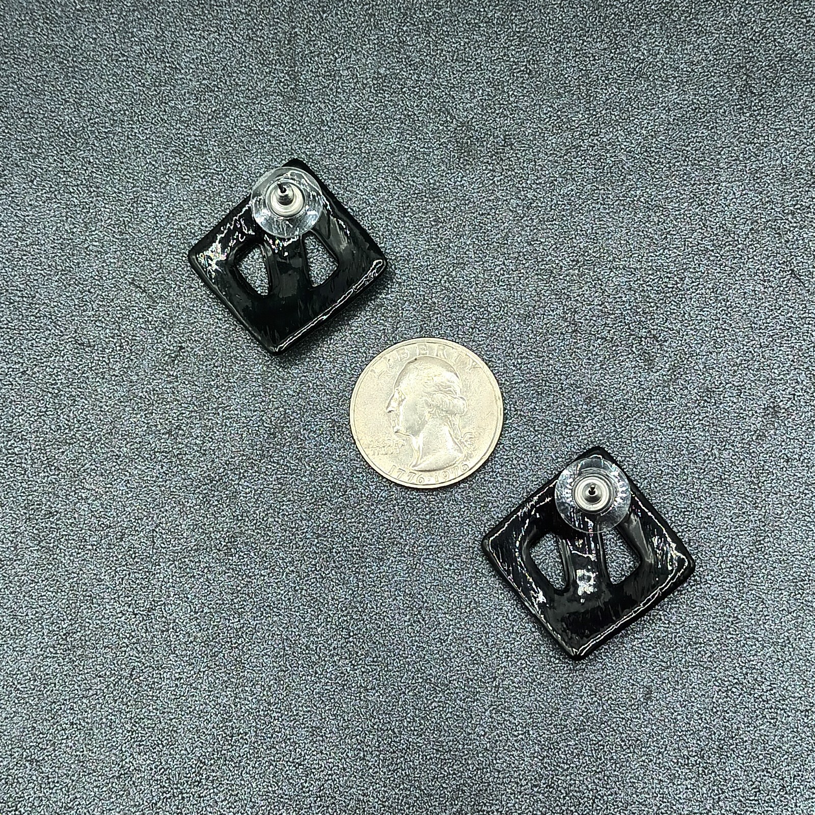 Vintage Pierced Earrings White Black Enamel Open Square Drop 1 3/8″