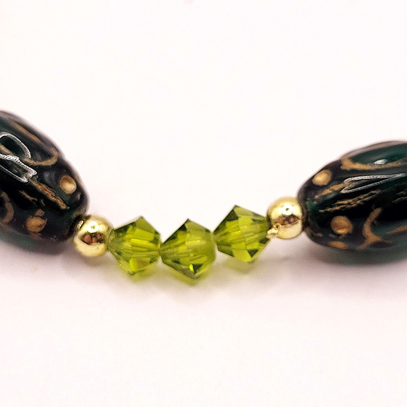 Green Art Glass Crystal Vintage Necklace Light & Dark Green Shades Gilded Beads