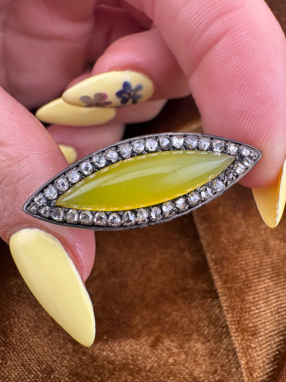 Art Deco Vintage 925 Sterling Silver Rose Cut Diamond Ring with Yellow Gemstone