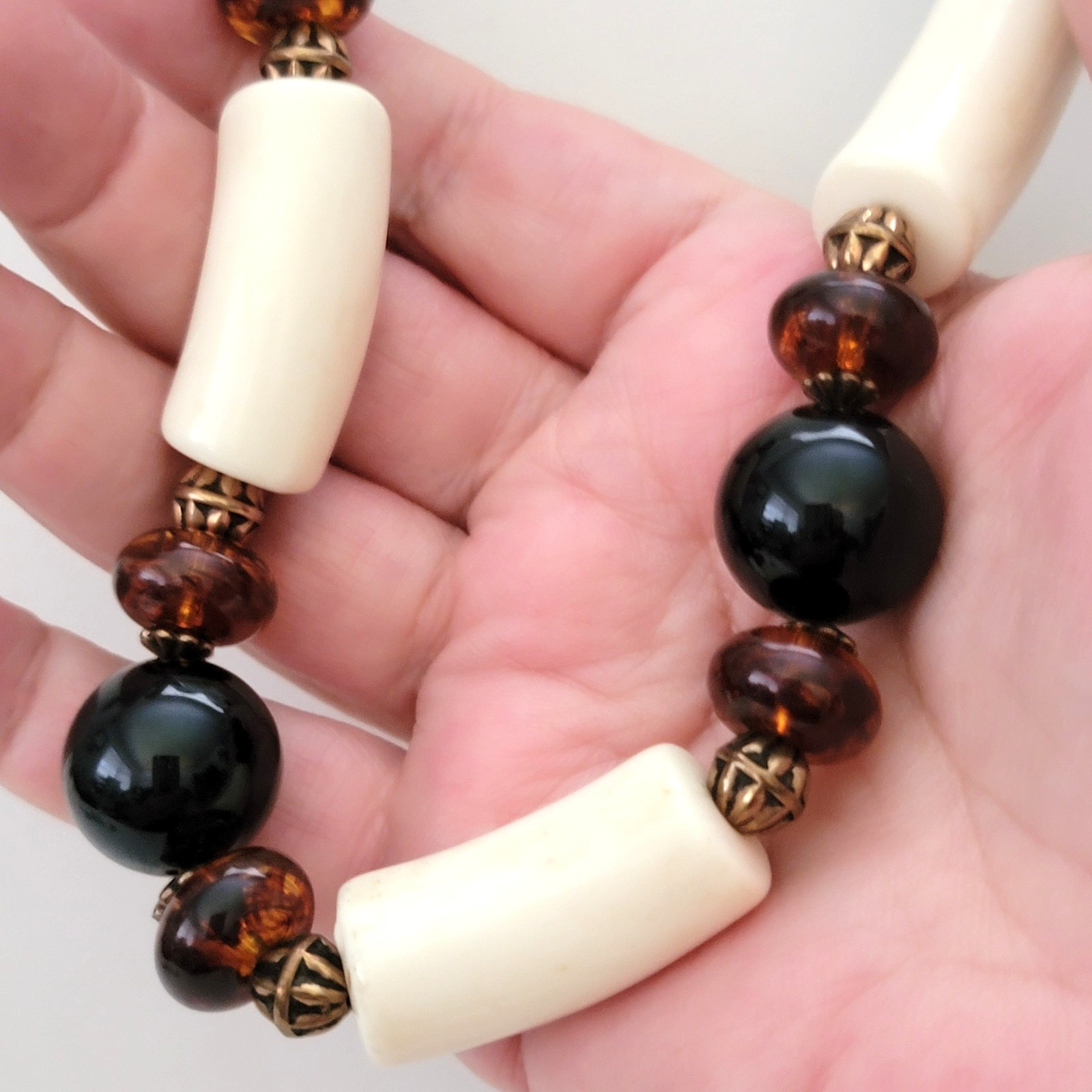 Vintage Black, Amber & Ivory Tone Lucite Resin Beaded Necklace 30″ L – 12mm