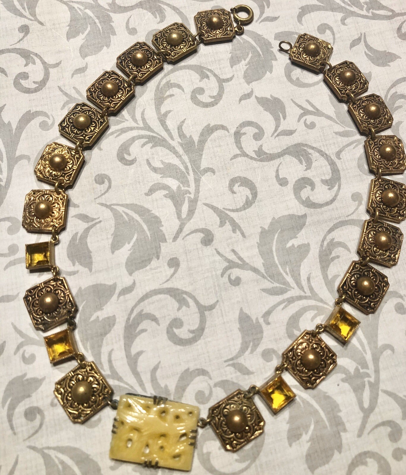 Atq Art Deco Czech Signed Vaseline Topaz Glass Asian Crane Panel Necklace-Estate