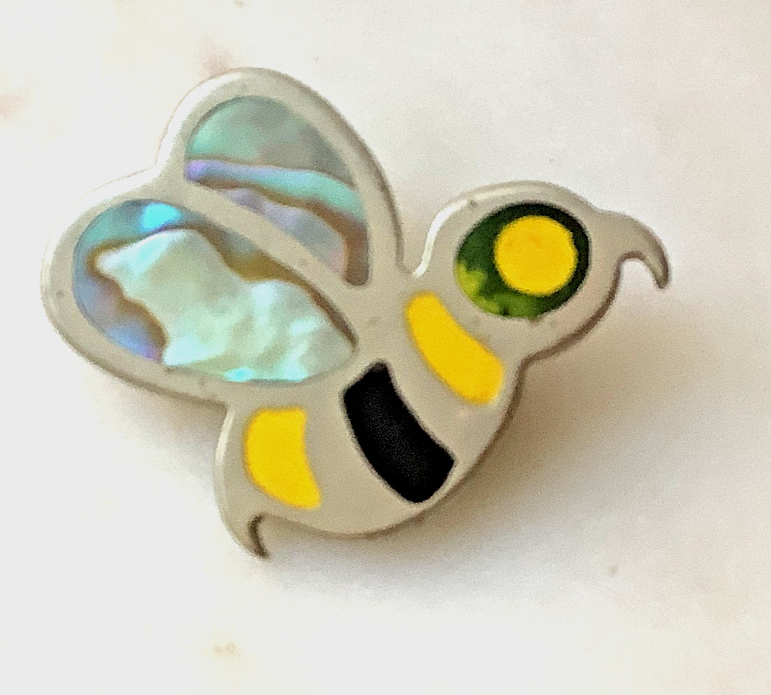 Vintage Enamel Bee Brooch Silver Insect Pin Yellow Black Shell Estate Jewelry