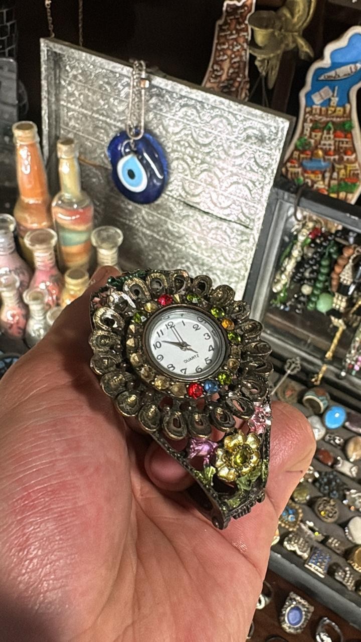 Vintage Jeweled Cuff Watch Bronze Tone Multicolor Crystal Rhinestone Bracelet