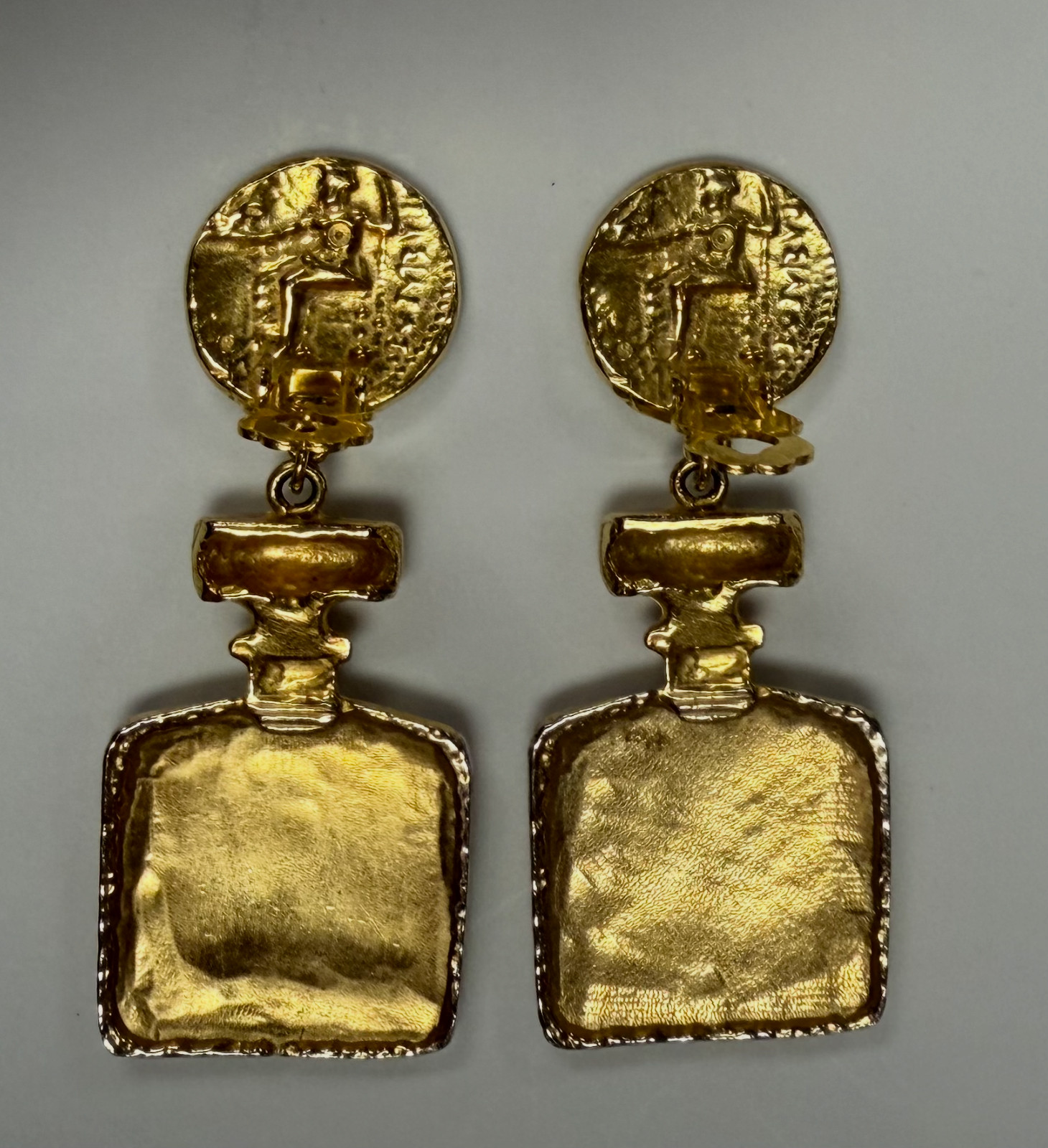 Vintage Gold Tone “Parfum Paris” Perfume Bottle Clip On Earrings French Novelty
