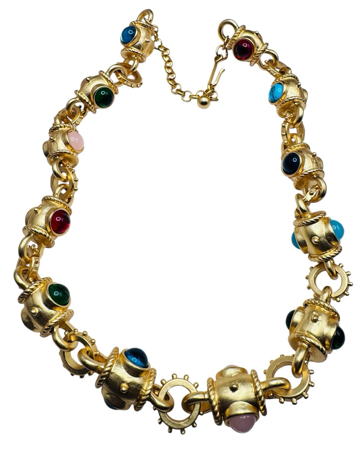 Vintage Glass Cabochon Byzantine Mogul Gold Chunky Chain Necklace c1980s Heavy