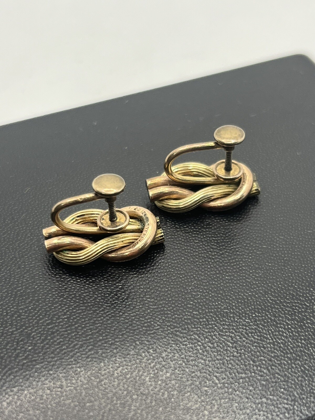 Two tone 12k gold over sterling silver love knot screw back earrings vintage