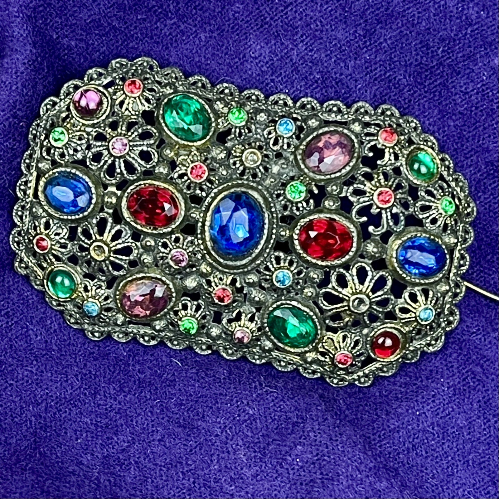 Estate Brooch New England Glass Works Vibrant Colors Faceted Stones Vtg 3” Pin