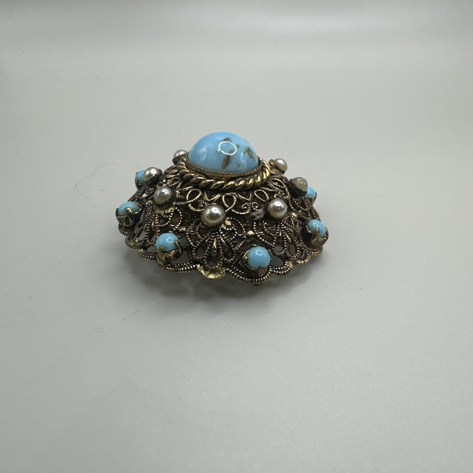 Vintage W Germany Turquoise Glass Cannetille Brooch Filigree Aqua Rhinestone Pin