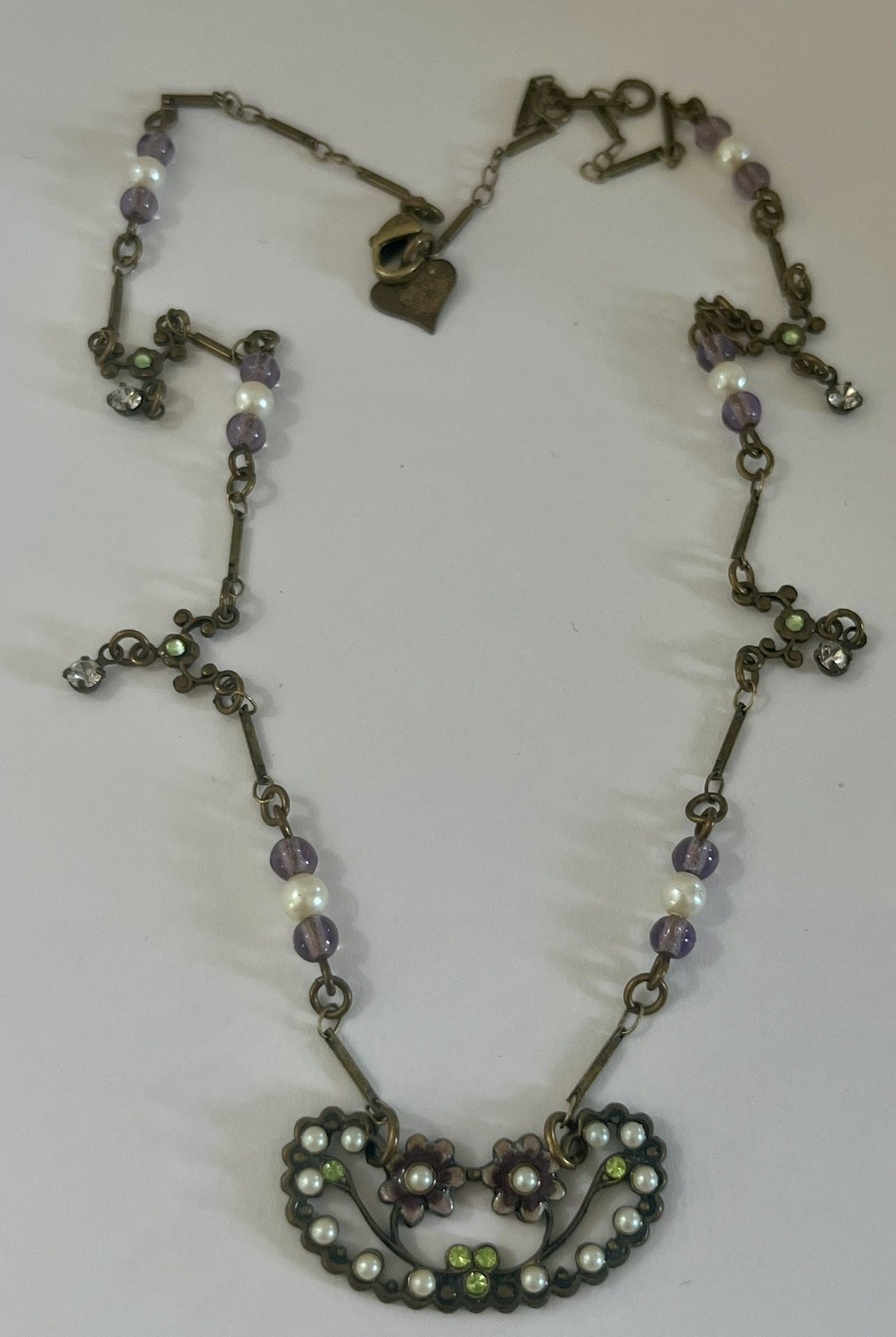 Glass Works Studio Signed Necklace Vintage Hang Tag Flowers Enamel Faux Pearl