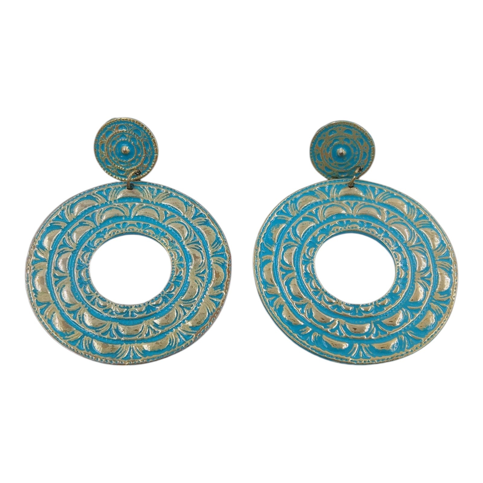 Blue Enameled Metal Dangle Drop Hoop Pierced Earrings Southwestern Boho