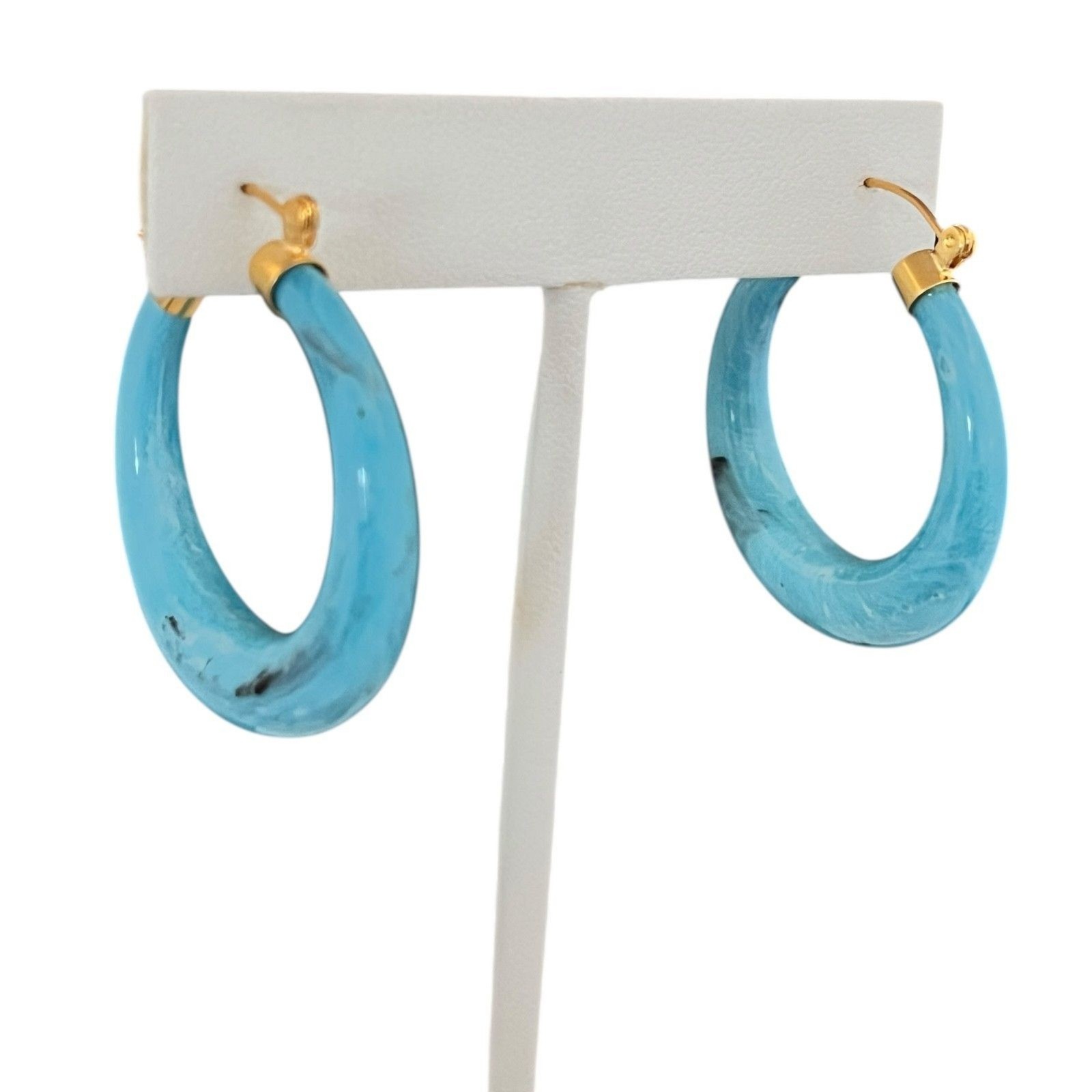 Vintage 1980s Lucite Earrings Hoops Gold Plated Blue Original Stock – 4N