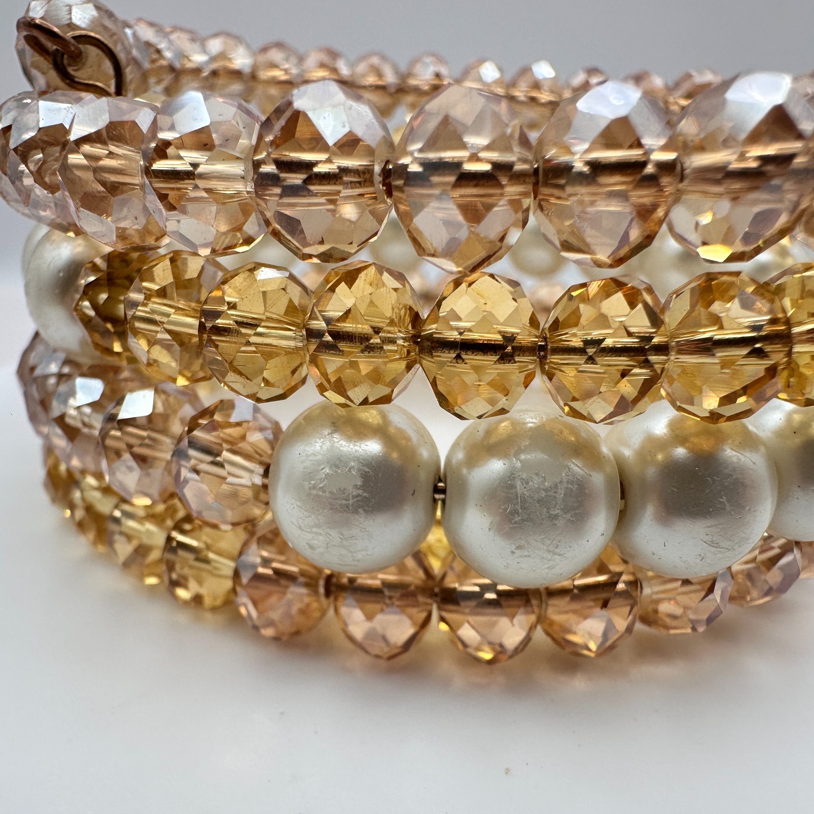 Vintage 90s Champagne Glass Bead & Faux Pearl Multi-Strand Wrap Bracelet Boho