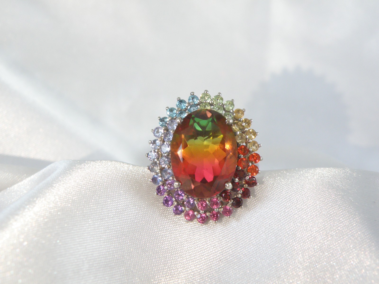 Large Sterling Silver 925 Watermelon Tourmaline Exotic Gemstone Statement Ring 8