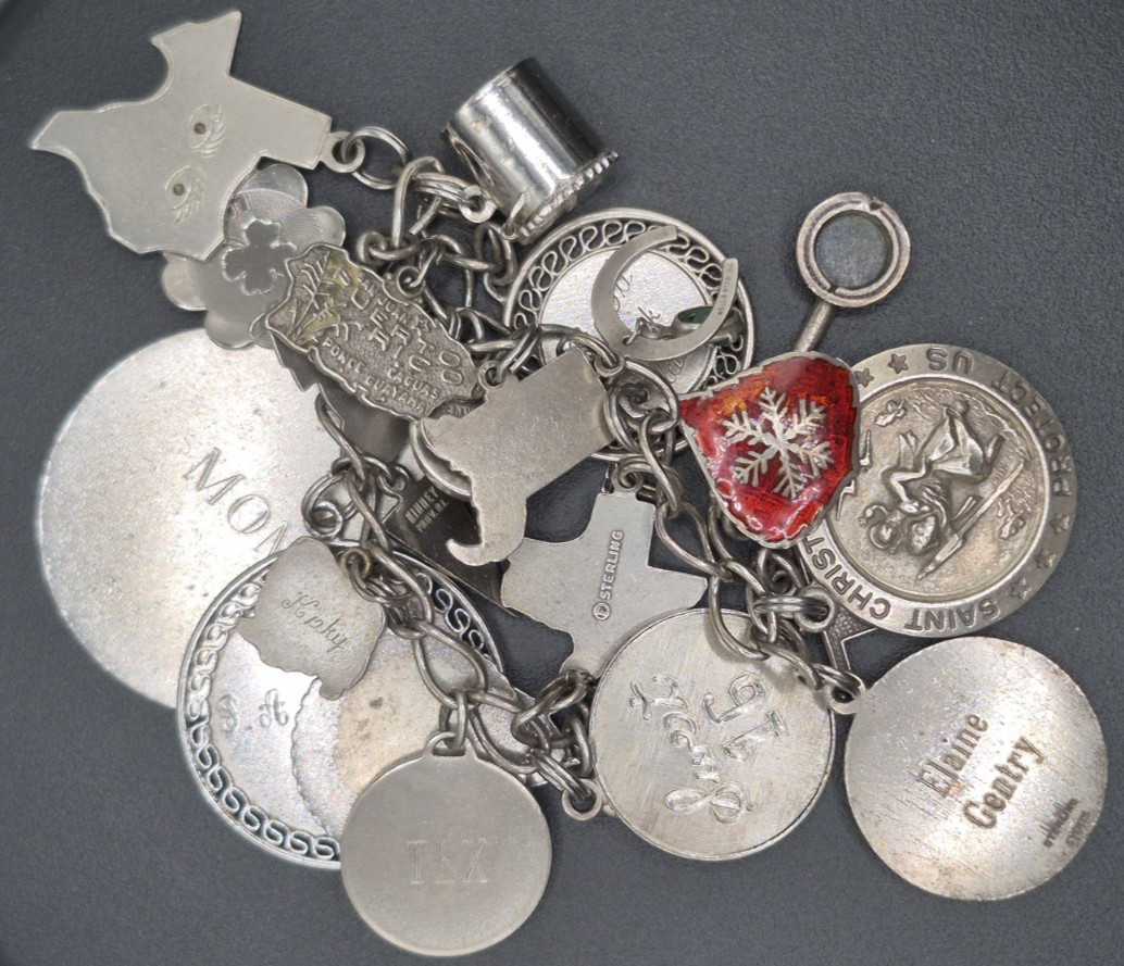 Vintage Sterling Silver LOVE Charm Bracelet w/ 23 RARE Charms 7–Dates 40’s-60’s