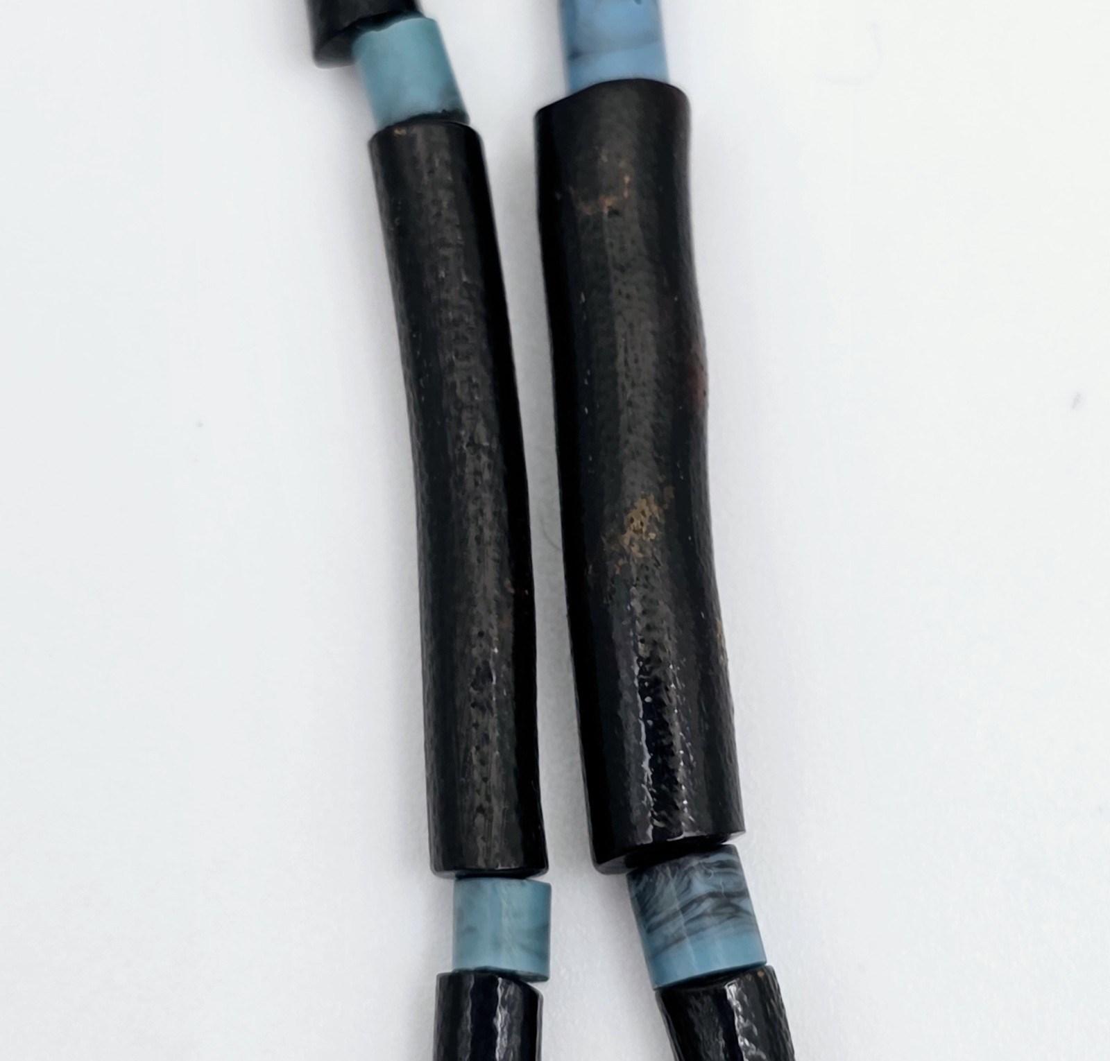Vintage Black Coral Tube Bead Necklace 17.5″ Blue Glass Spacers Brass Clasp