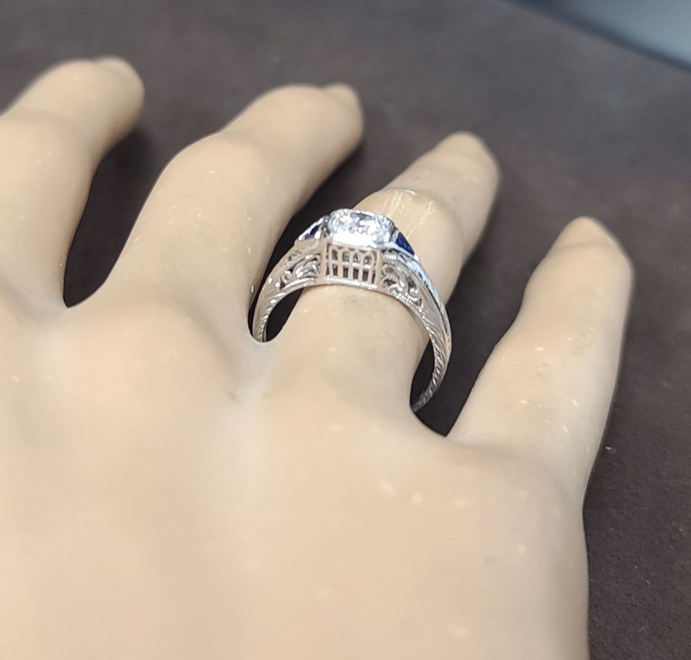 Platinum Vintage Filigree Engagement Ring 0.32ct Natural Round Diamond