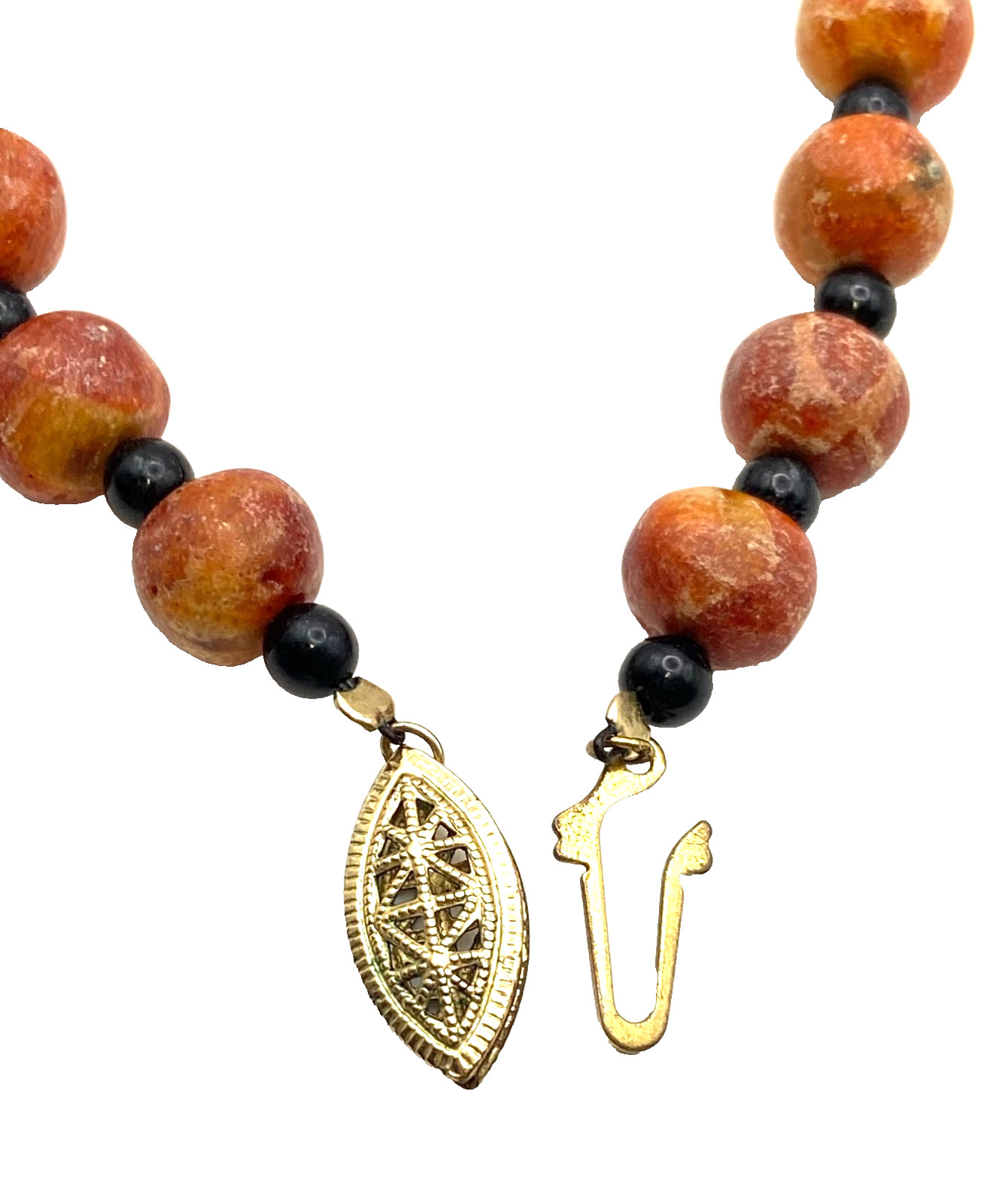 Vintage Apple Sponge Coral Red/Orange Beaded Necklace Black Agate? Gold Tone 24″