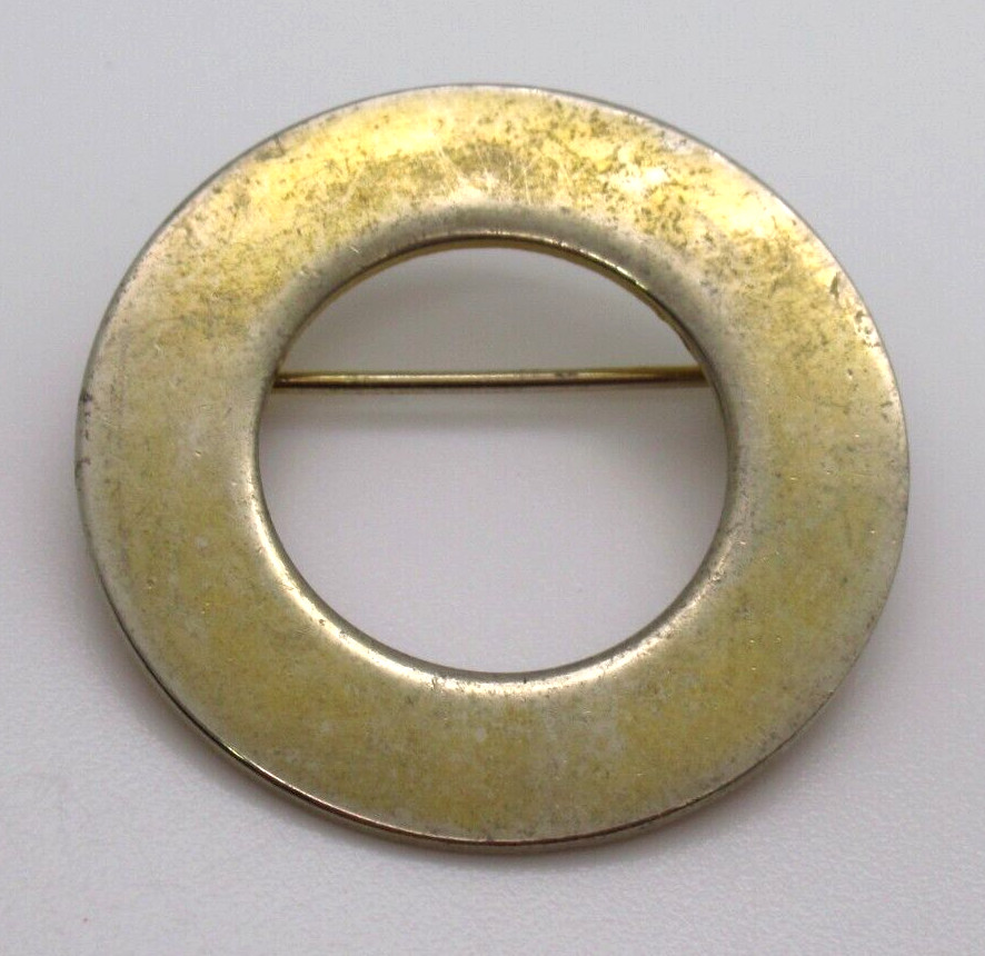 Gold Tone Circle Brooch Pin Open Round Minimalist Patina Geometric Jewelry