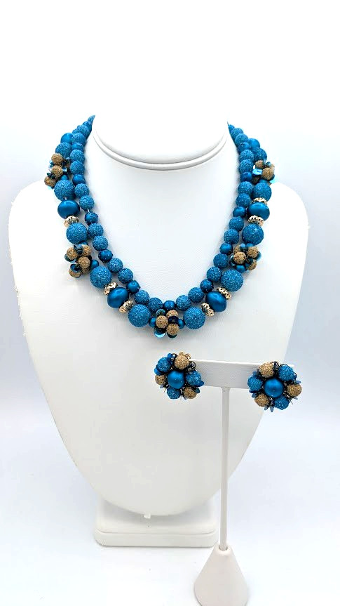 Vintage JAPAN Necklace Earring Set Blue Sugar Bead Floral Cluster