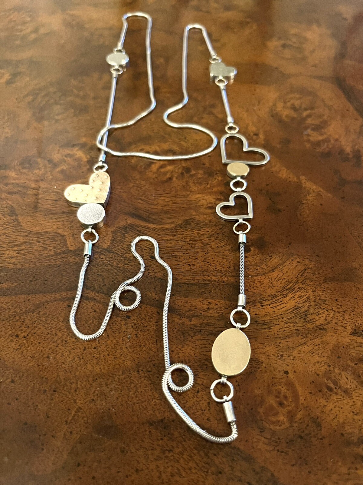 Vtg Estate Mid Century Modernist Textured Sterling Gold Hearts Station Necklace