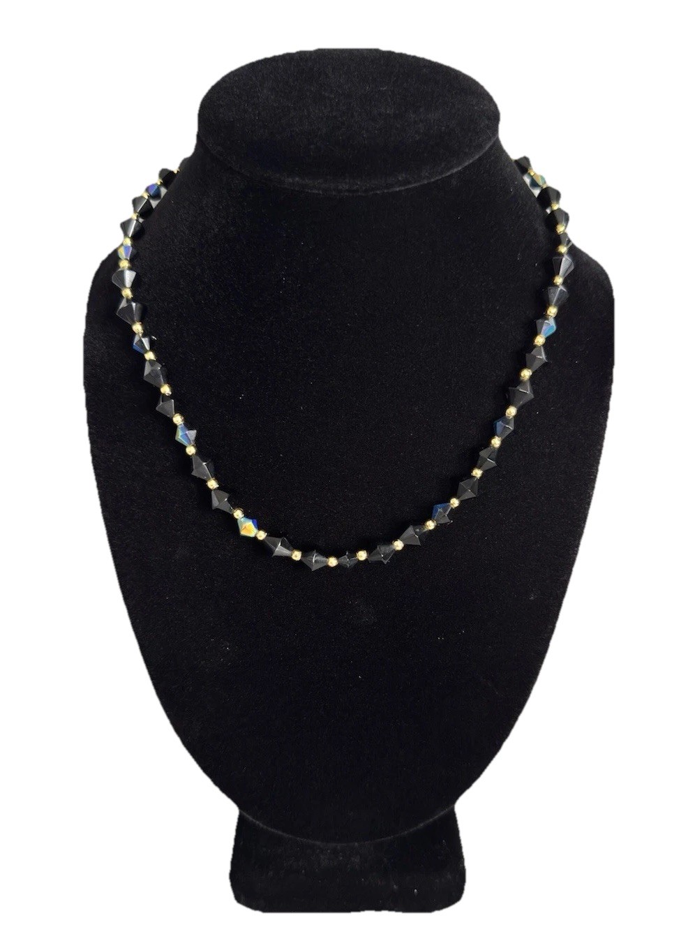 Vintage Bicone Cut Black Aurora Borealis Crystal Bead Gold Tone Accent Necklace