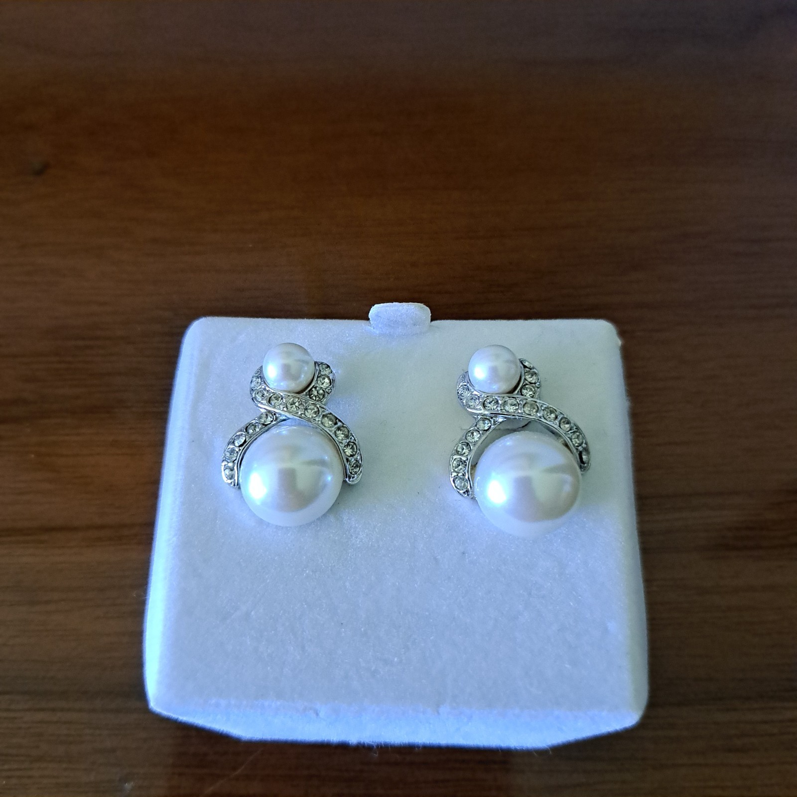 White Faux Two Pearl Stud Earrings Silver Tone With Little Rhinestons Pierced