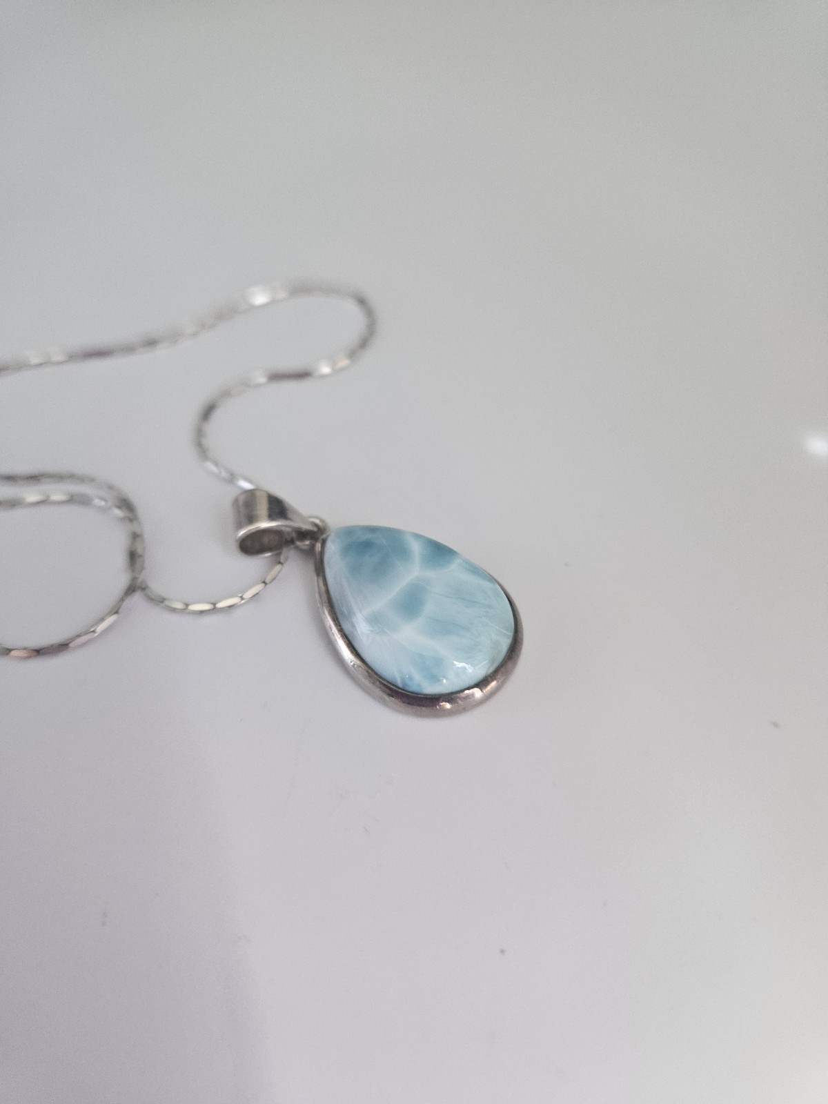 Vintage 925 Sterling Silver Natural Larimar Pendant Necklace 16″