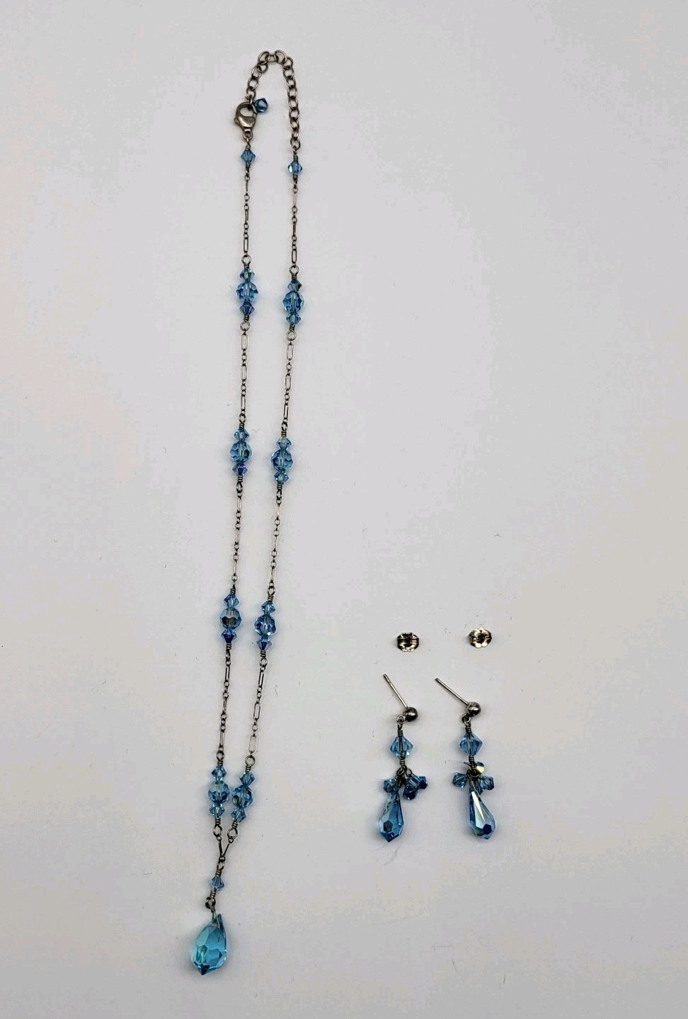 Beautiful Sterling Silver Blue Crystal Necklace Earrings Set Flamboyant Sexy