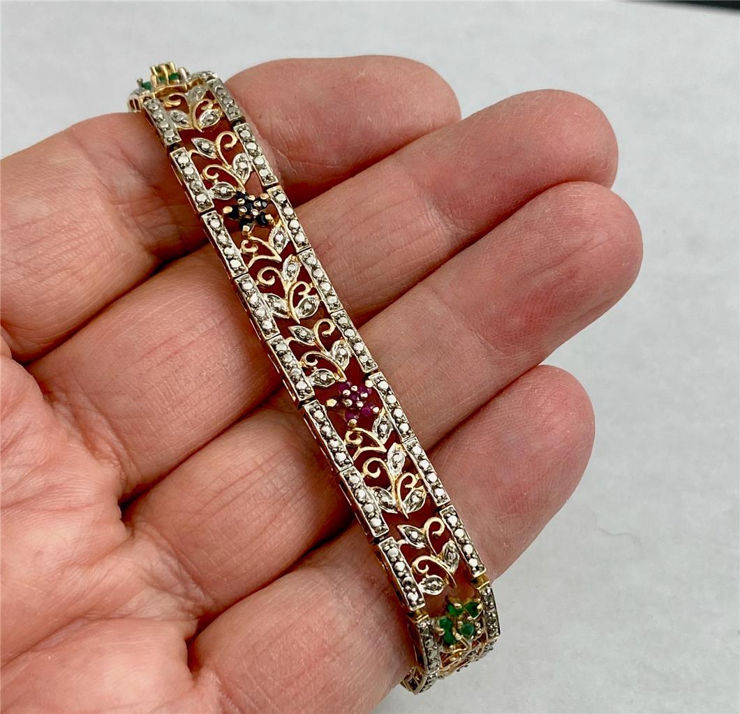 Ross Simons Sterling Silver Gold Pl. Emerald Ruby Sapphire Floral Bracelet 7-1/4