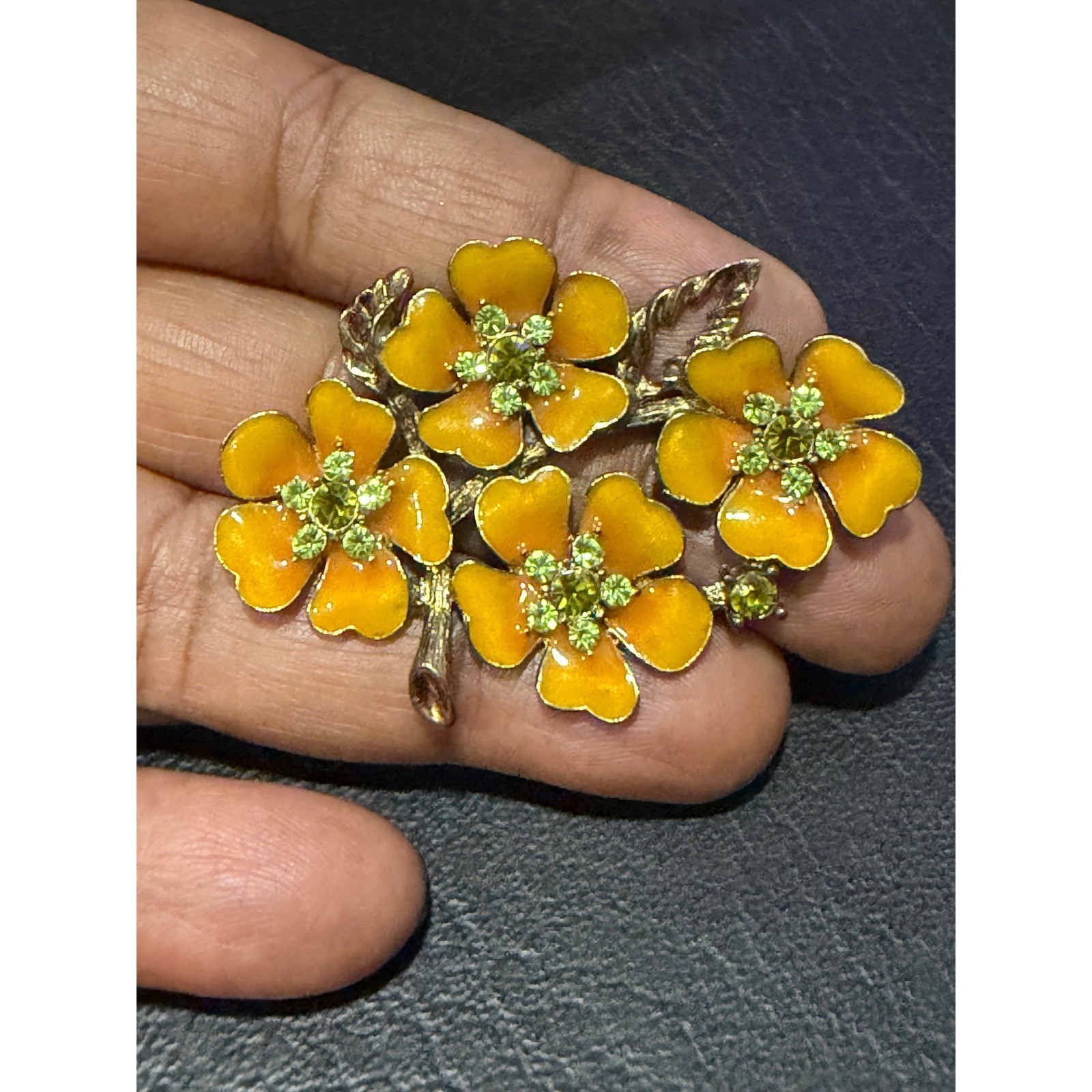 Floral Brooch Women Yellow Enamel Green Rhinestone Floral Cluster Unbranded