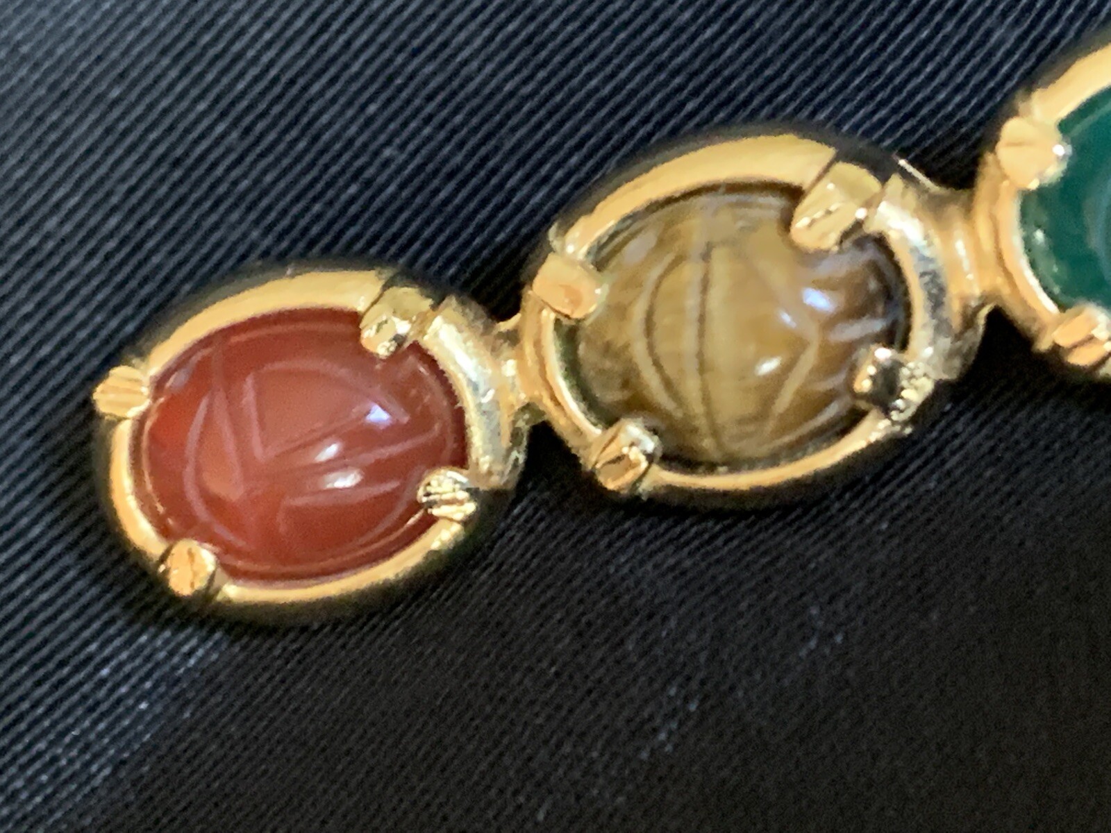 Vintage Multi-Gemstone Carved Scarab Brooch Pin Bar Carnelian Tiger’s Eye & Jade