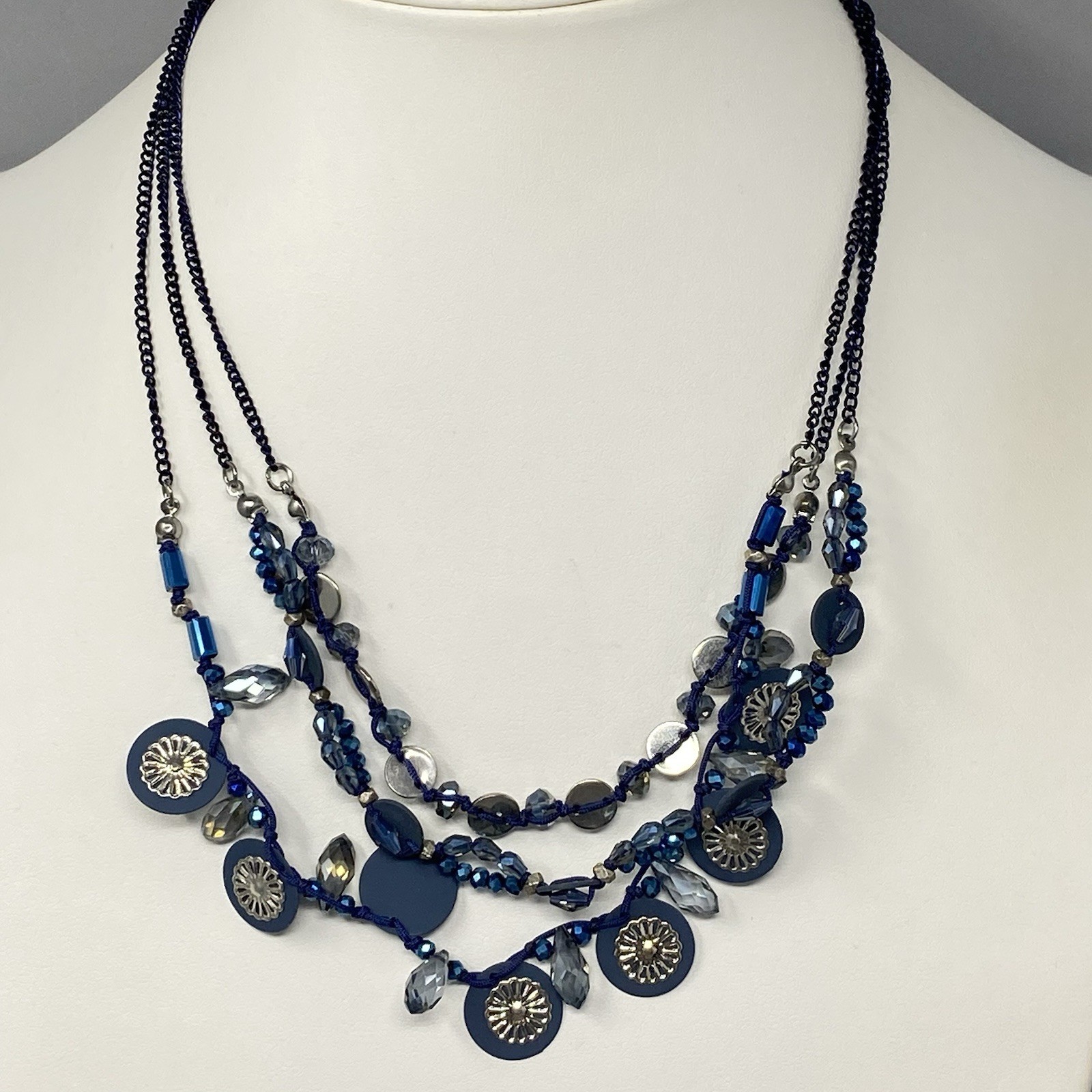 Blue Fringe Glass Beaded Necklace Layered Enamel Faceted Coated Bohemian 18″