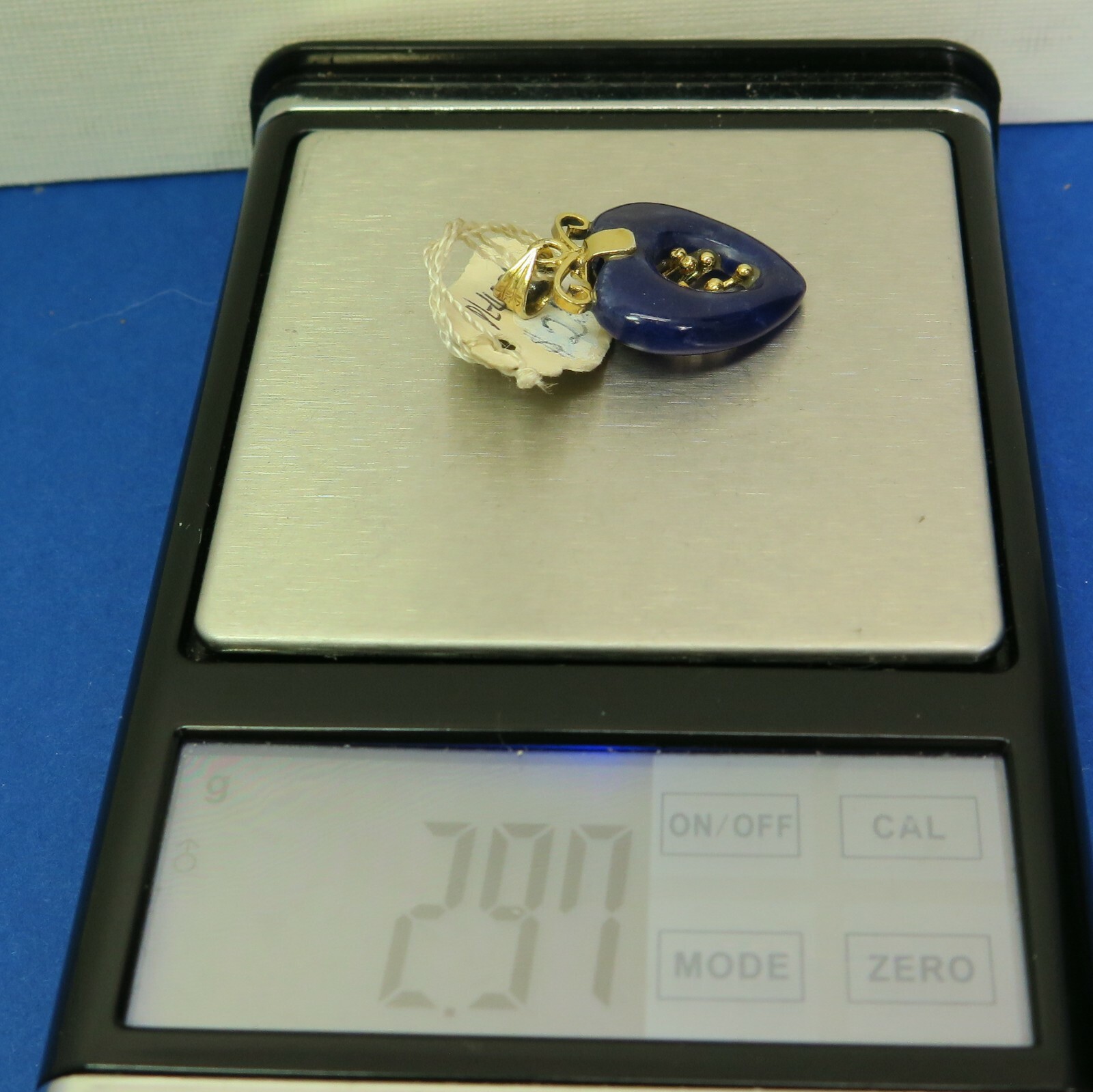 Vintage Blue Stone Open Heart Original Tag Gold Silver Hong Kong Pendant 1″ 2.9g