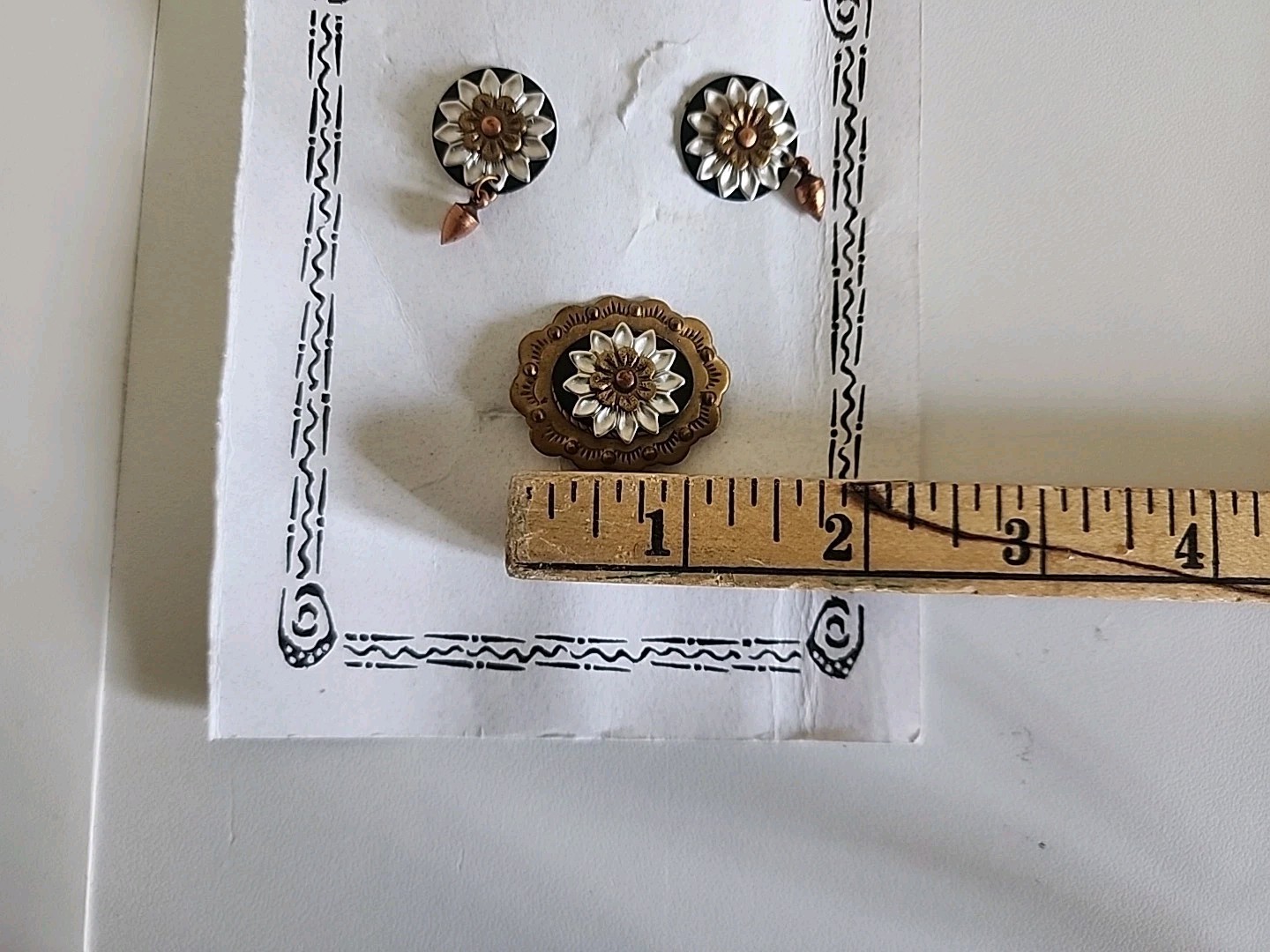 Vintage Multi Metal Flower Rosette Stud Dangle Earrings & Brooch Ornate Layered