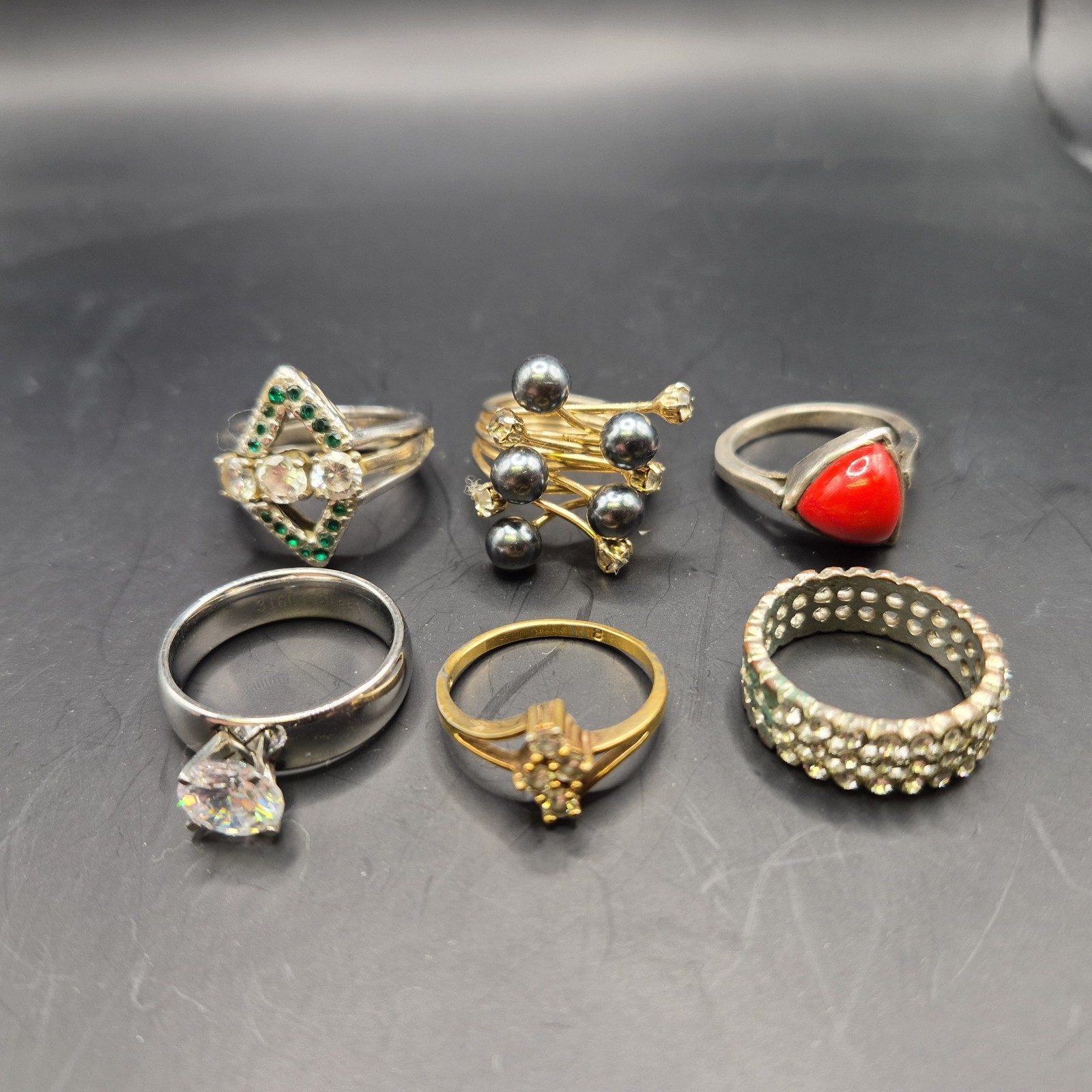6 Vtg Ring Collection Lot Size 8 Costume Jewelry Gold Tone Silver Tone