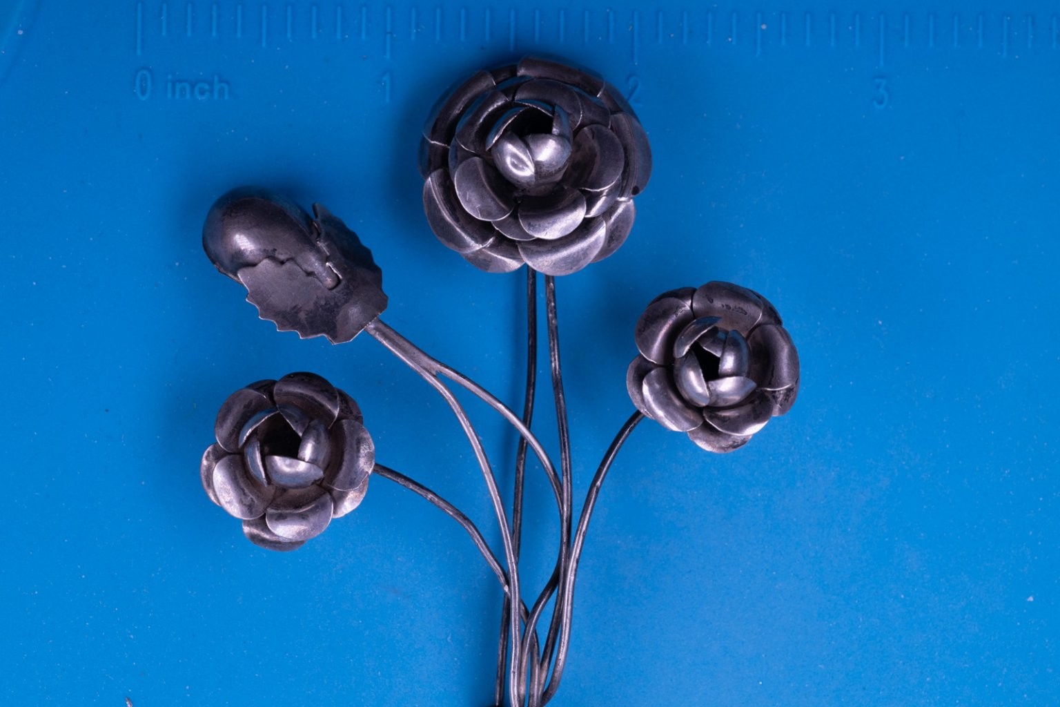 Vintage Floral Bouquet Brooch Pin Sterling Silver Tone 2.75″ Handcrafted Design