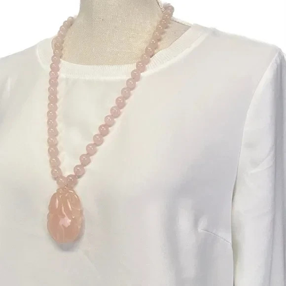Vintage ASIAN Carved Rose Quartz 12mm Bead Long Beaded Necklace 112g-Stunning!