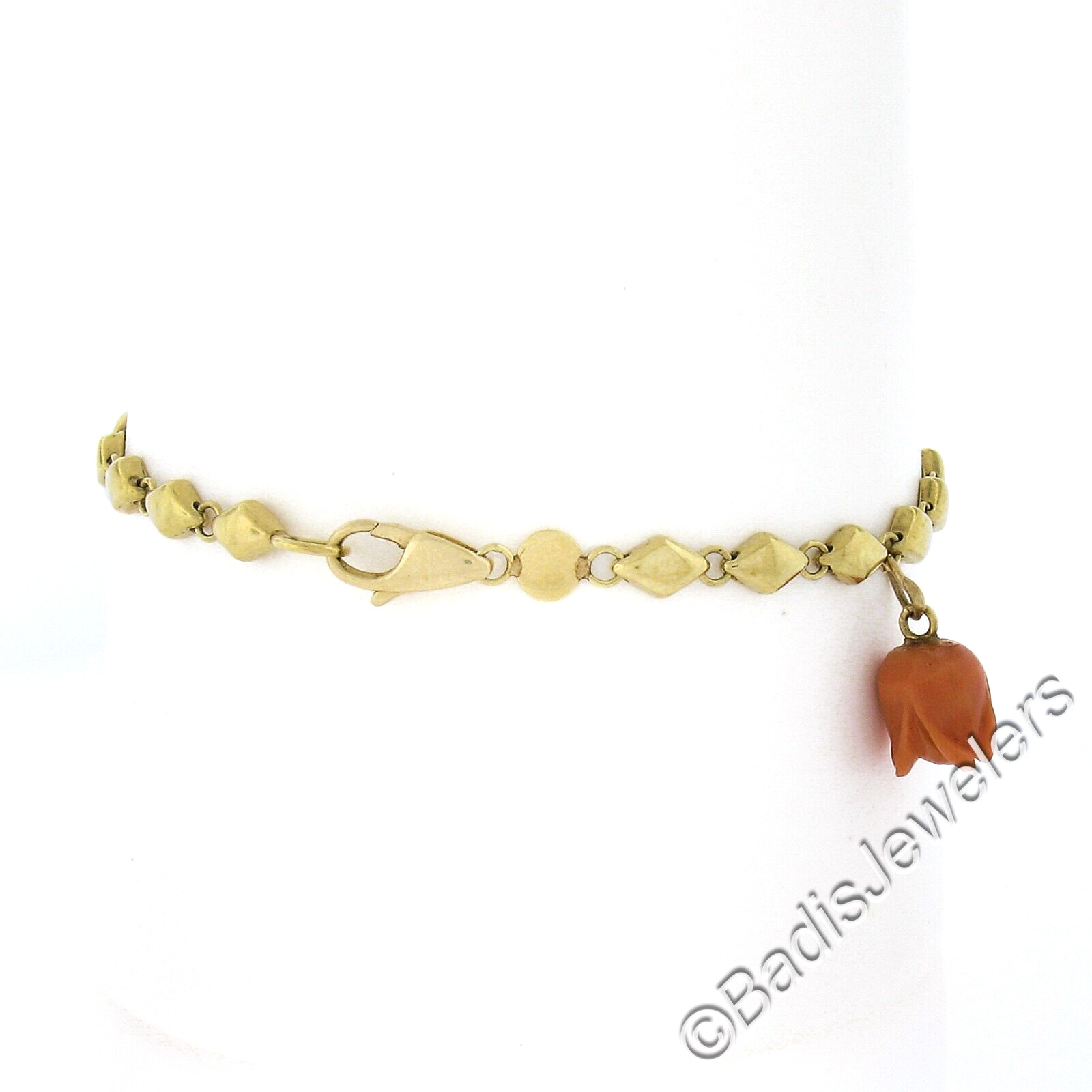 Vintage 14k Gold 6.75″ Lozenge Shaped Link Bracelet w/ Coral Rose & Heart Charms